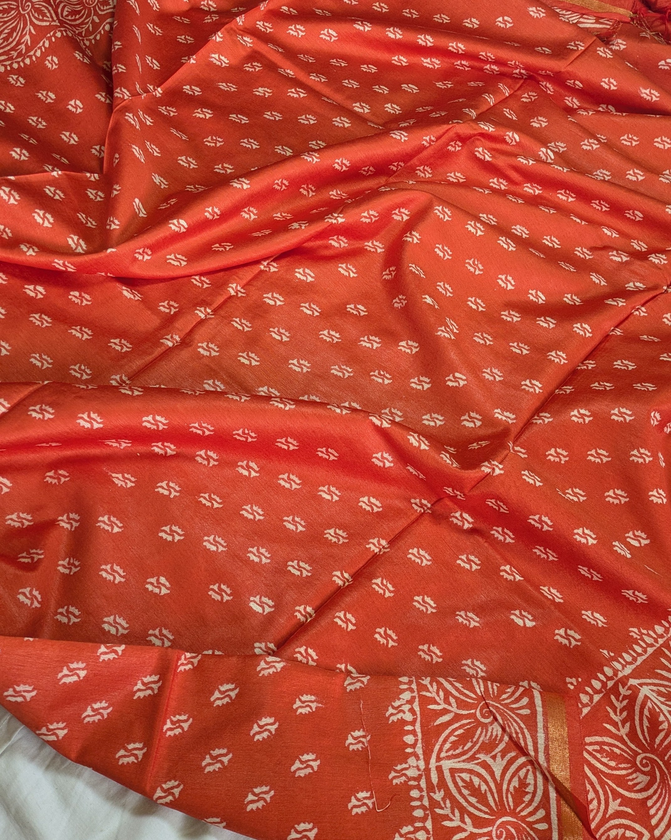 Chanderi Block Print Sari with Blouse Piece Orange 2