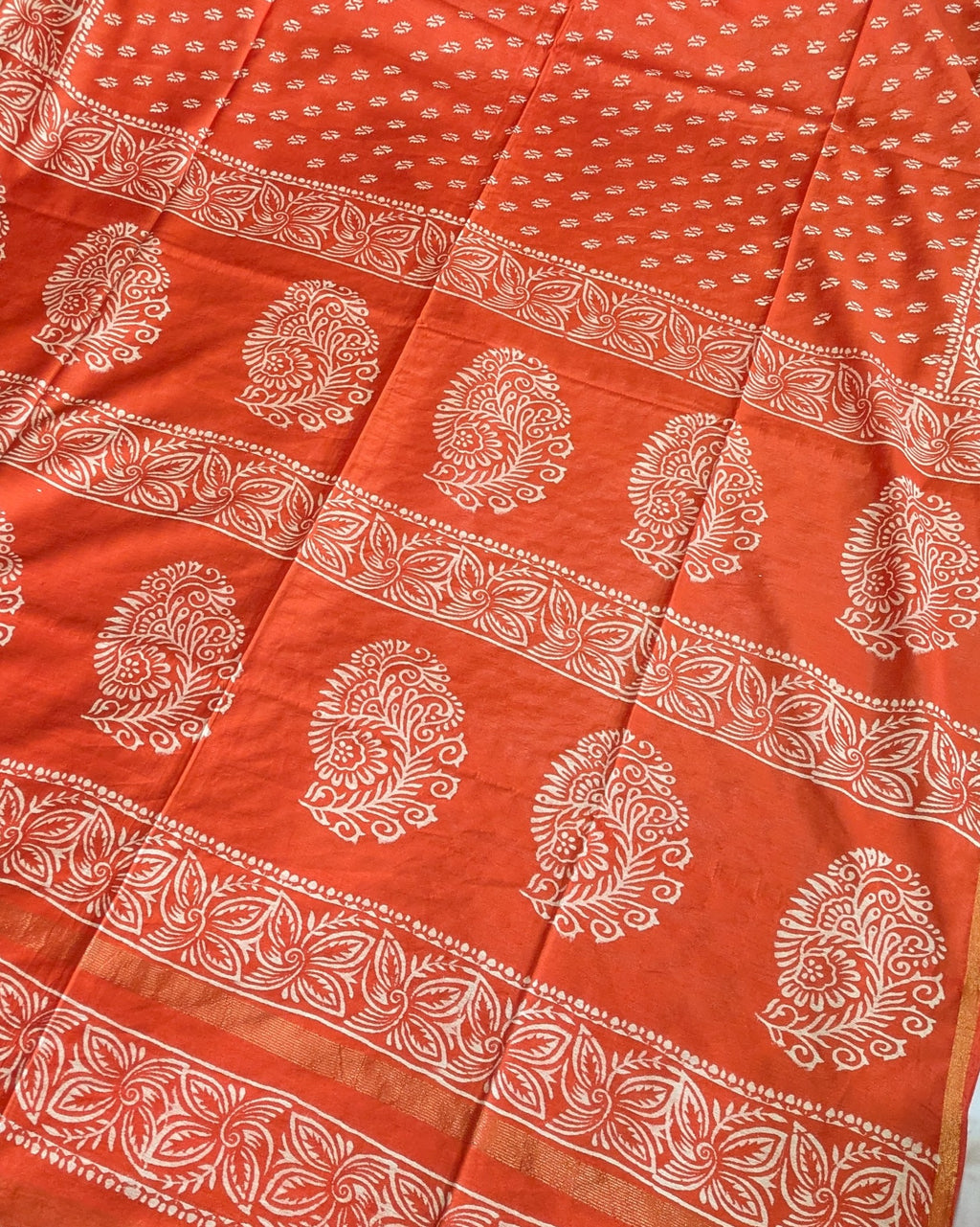 Chanderi Block Print Sari with Blouse Piece Orange 2