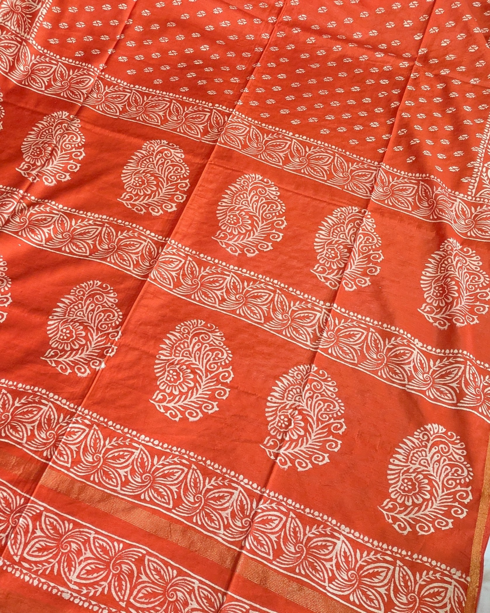 Chanderi Block Print Sari with Blouse Piece Orange 2