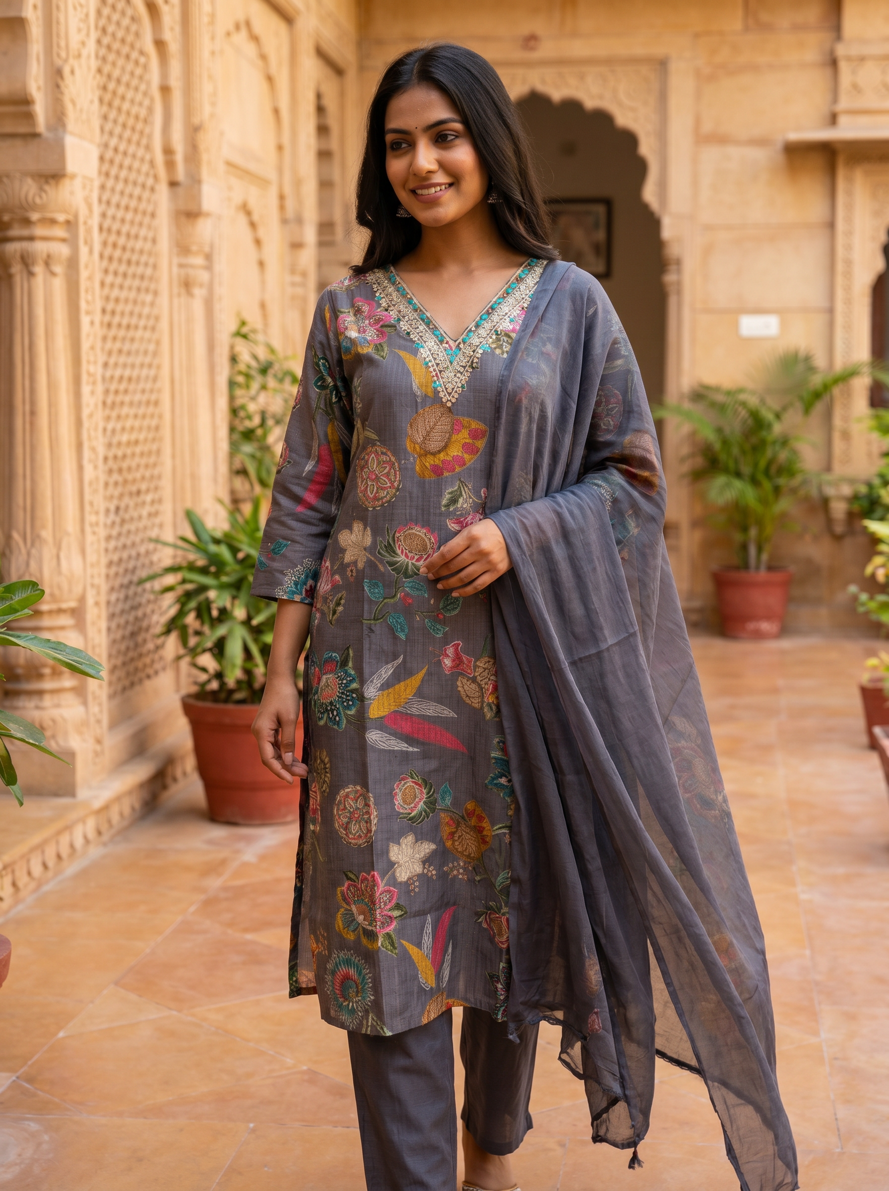 Slate Colour Three Piece Kurti