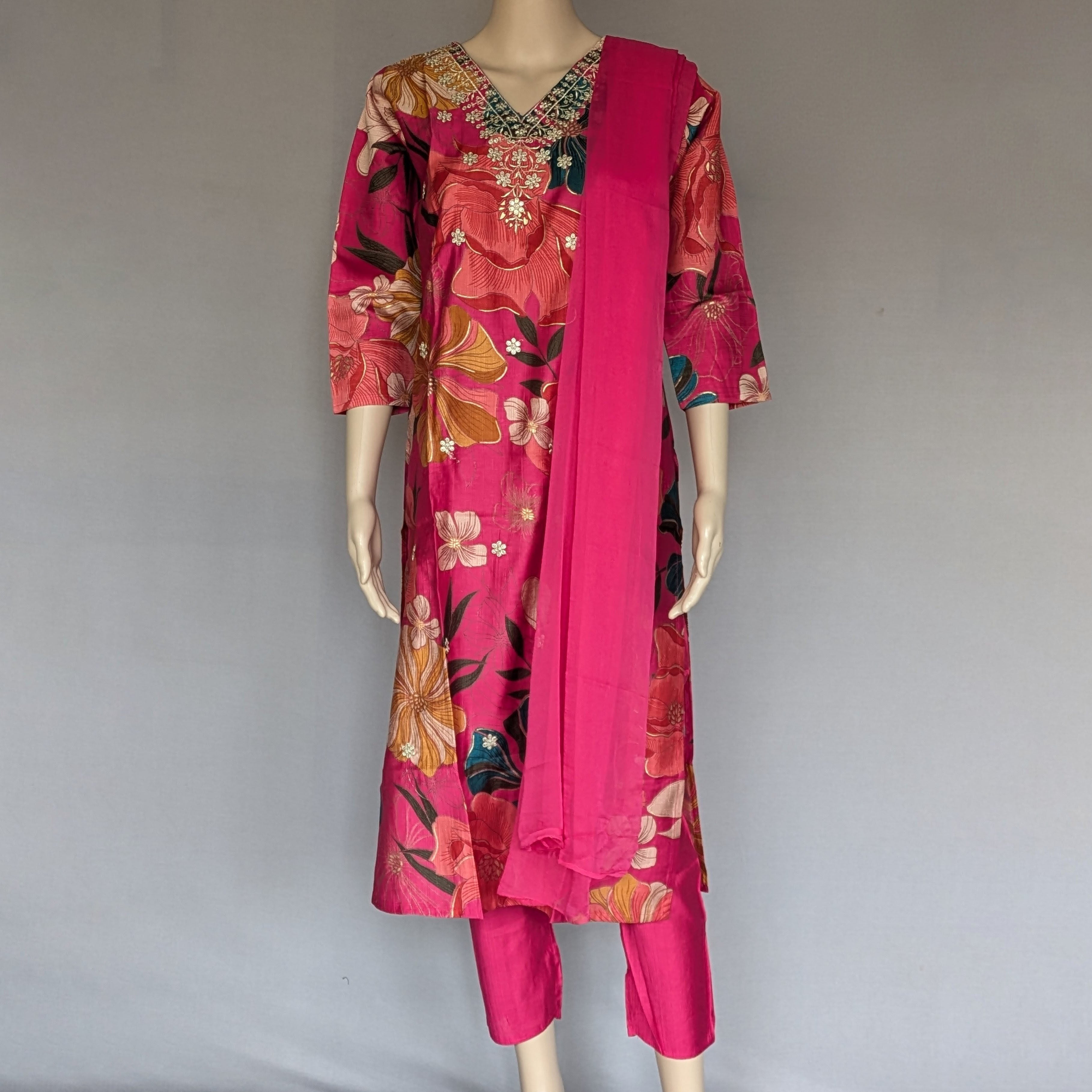 Pink Floral Three Piece Kurti