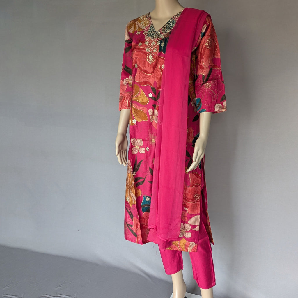 Pink Floral Three Piece Kurti