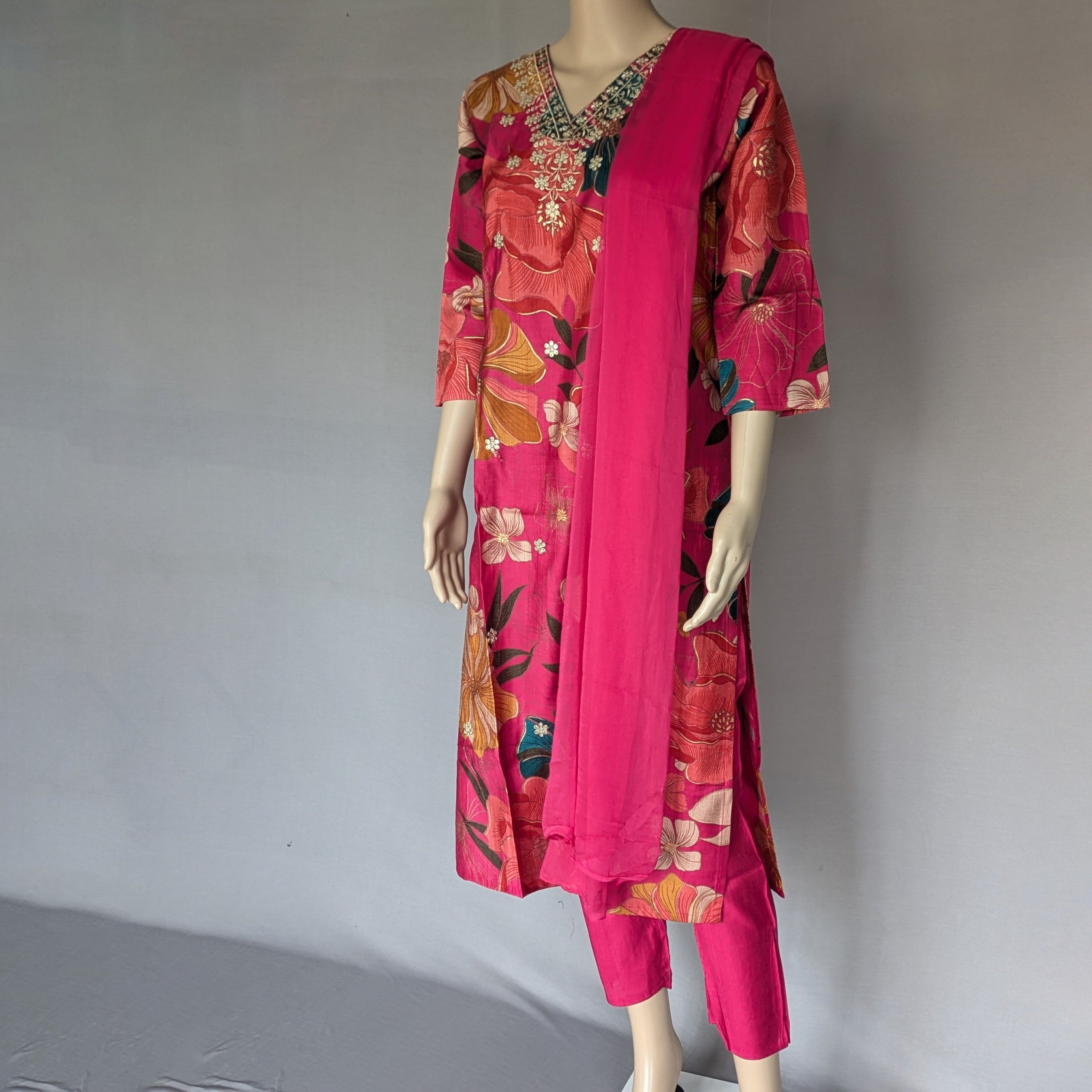 Pink Floral Three Piece Kurti