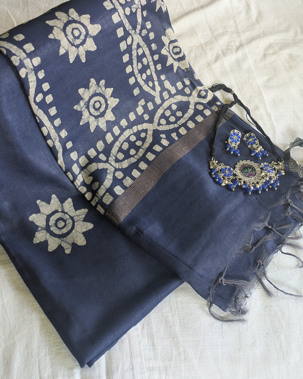 Batik Chanderi Sari with Blouse Piece Navy Blue