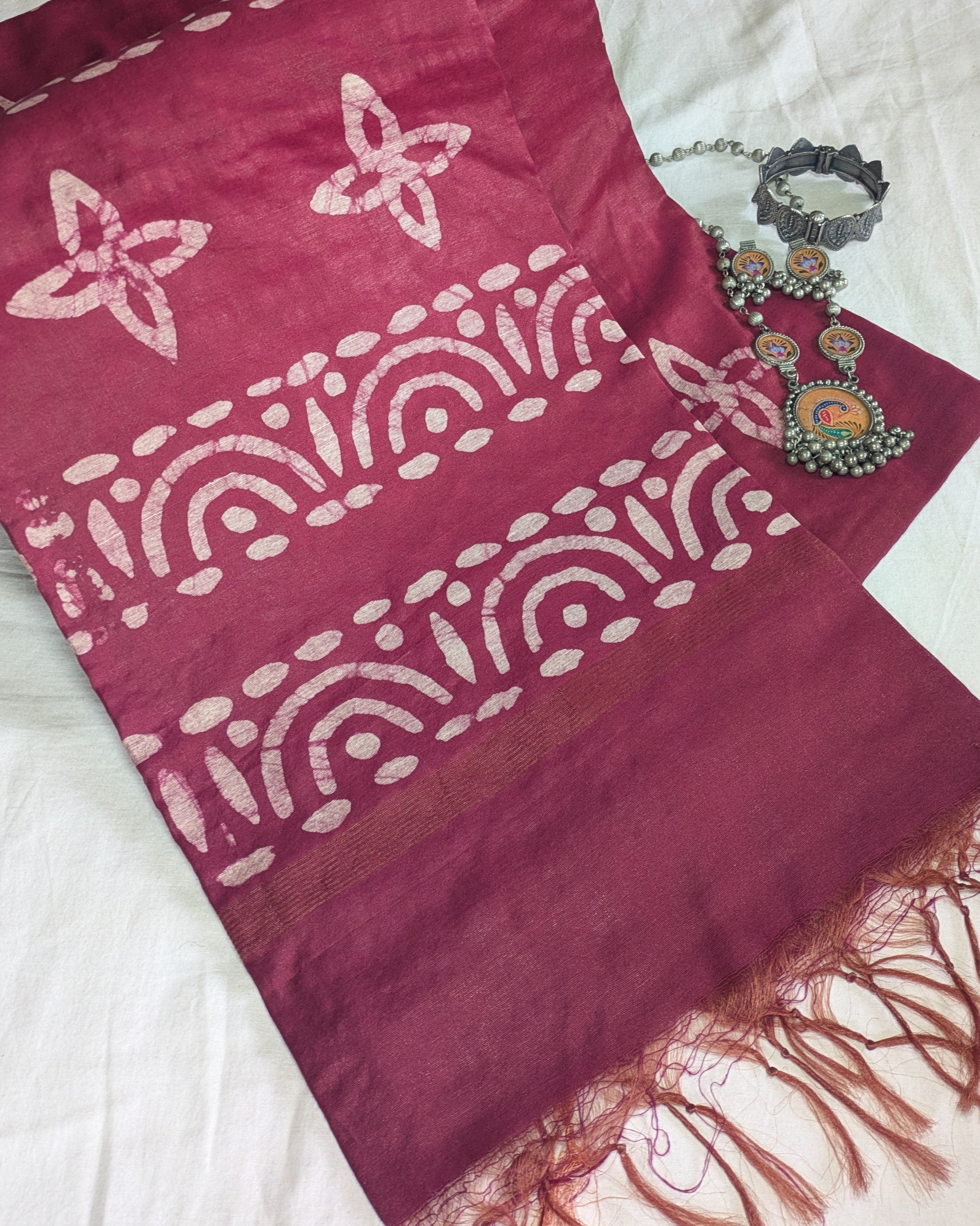 Batik Chanderi Sari with Blouse Piece Plum