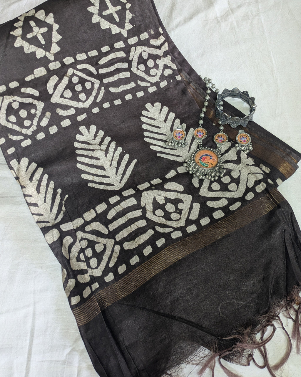 Batik Chanderi Sari with Blouse Piece Dark Slate