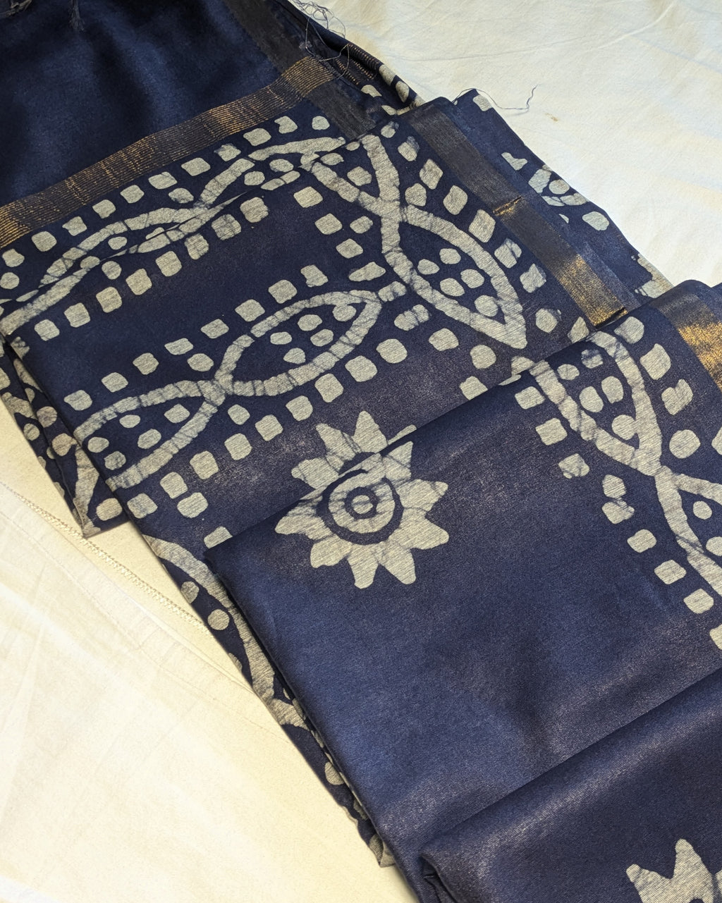 Batik Chanderi Sari with Blouse Piece Navy Blue