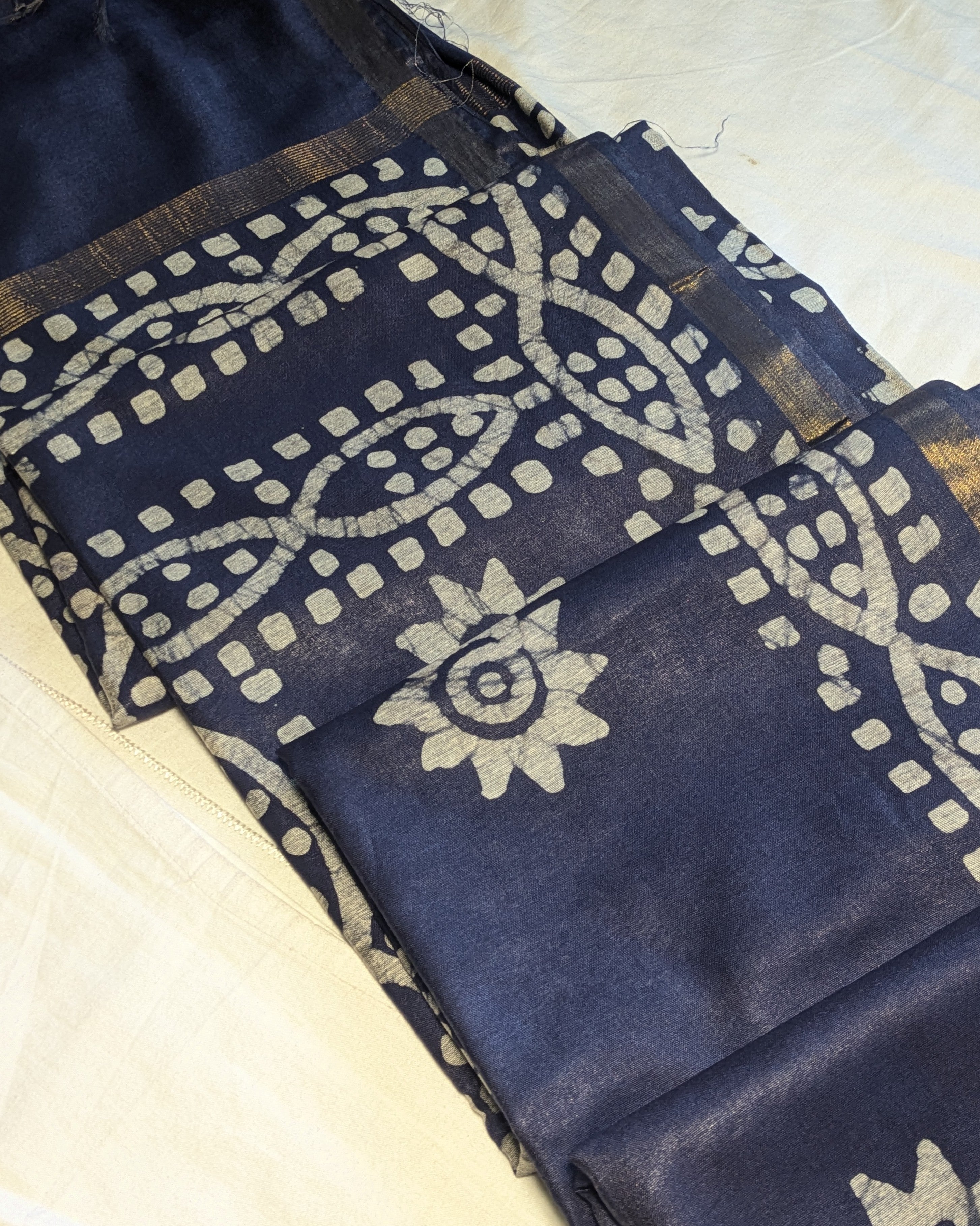 Batik Chanderi Sari with Blouse Piece Navy Blue