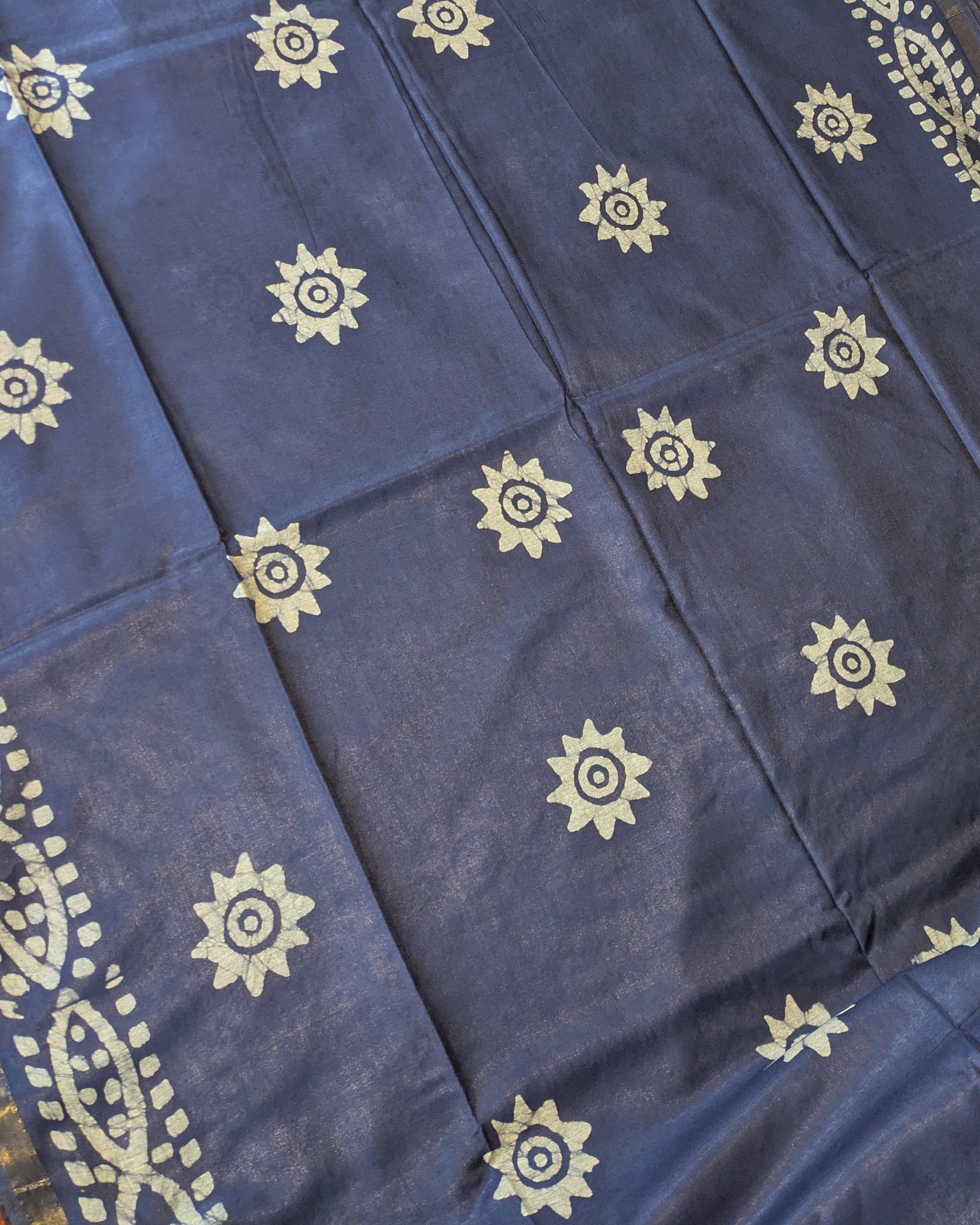 Batik Chanderi Sari with Blouse Piece Navy Blue