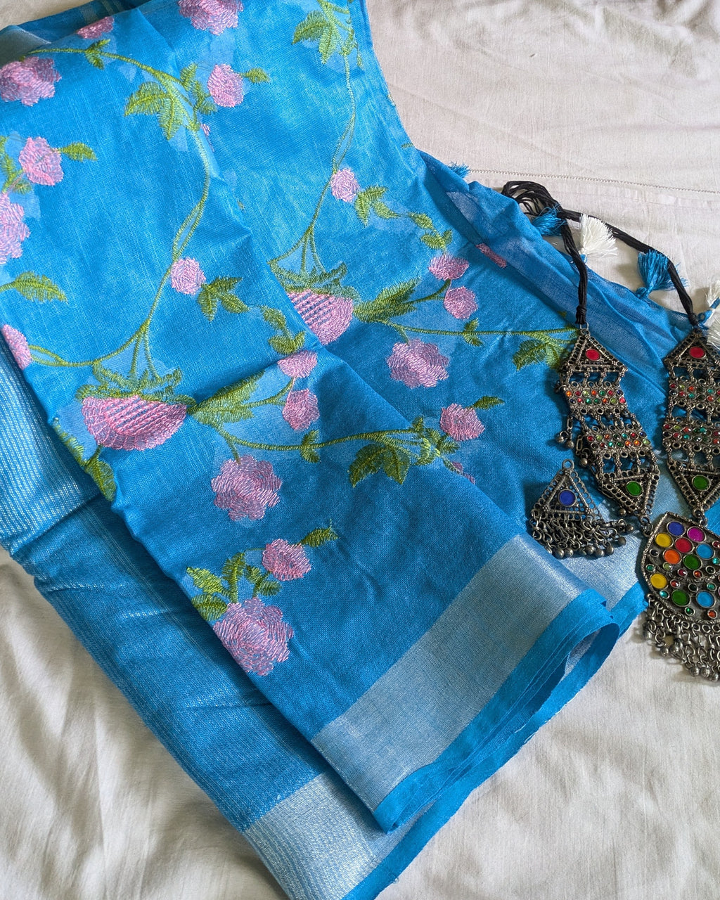 Linen Embroidered  Sari with Blouse Piece Firoza