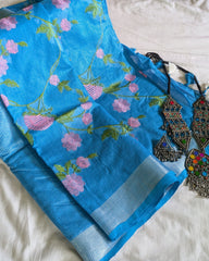 Linen Embroidered  Sari with Blouse Piece Firoza