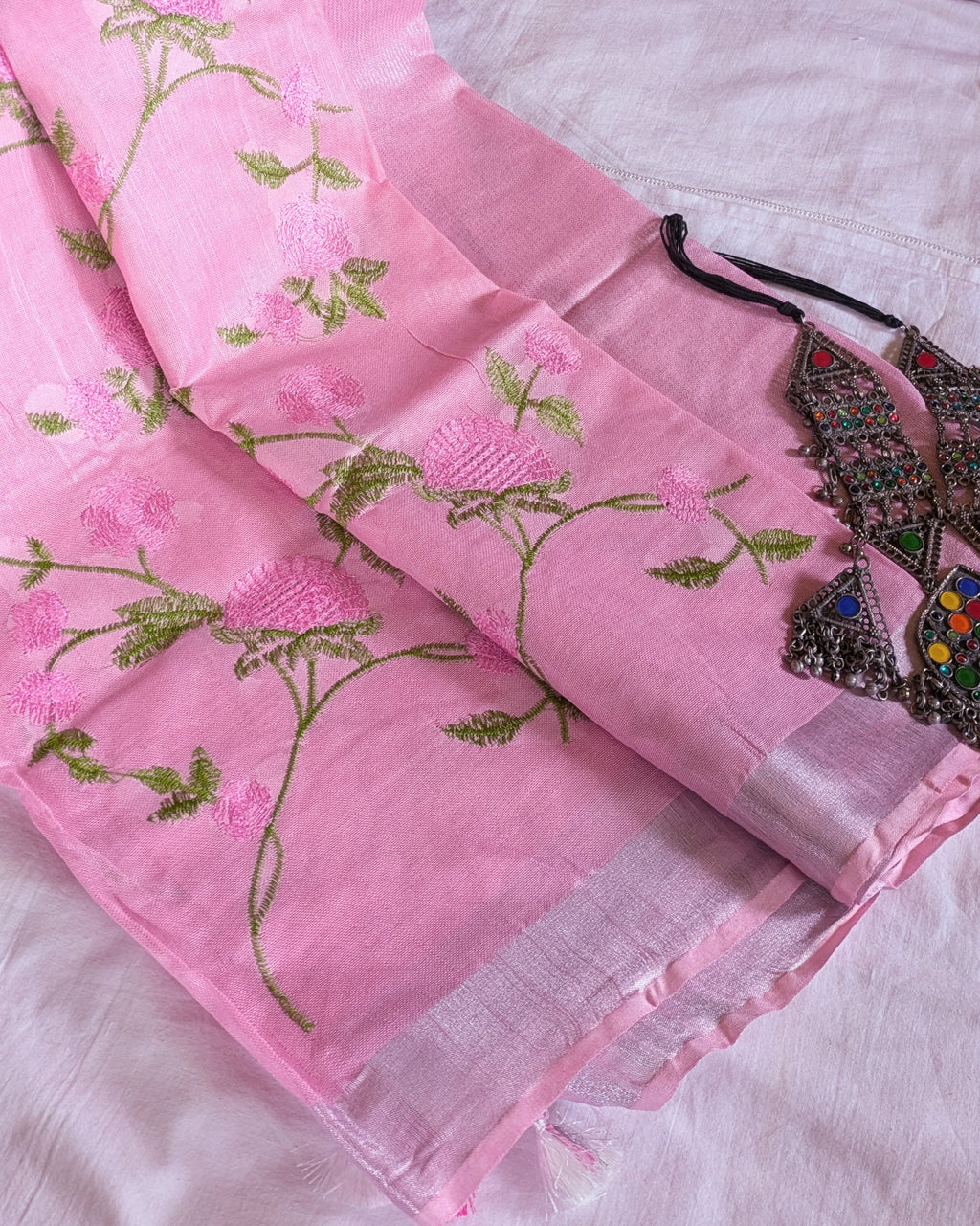 Linen Embroidered  Sari with Blouse Piece Pink
