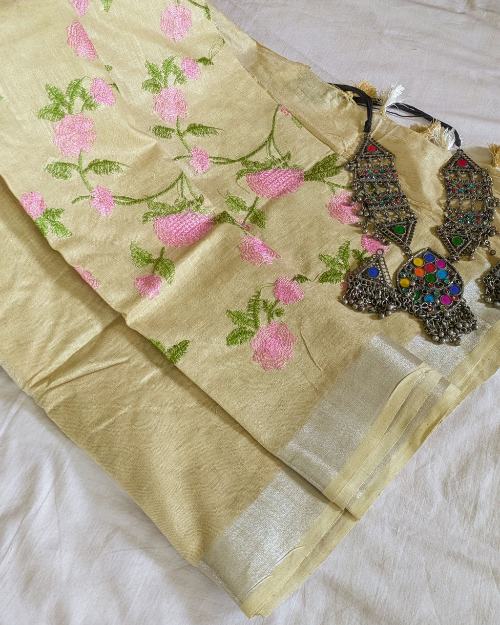 Linen Embroidered  Sari with Blouse Piece Khaki