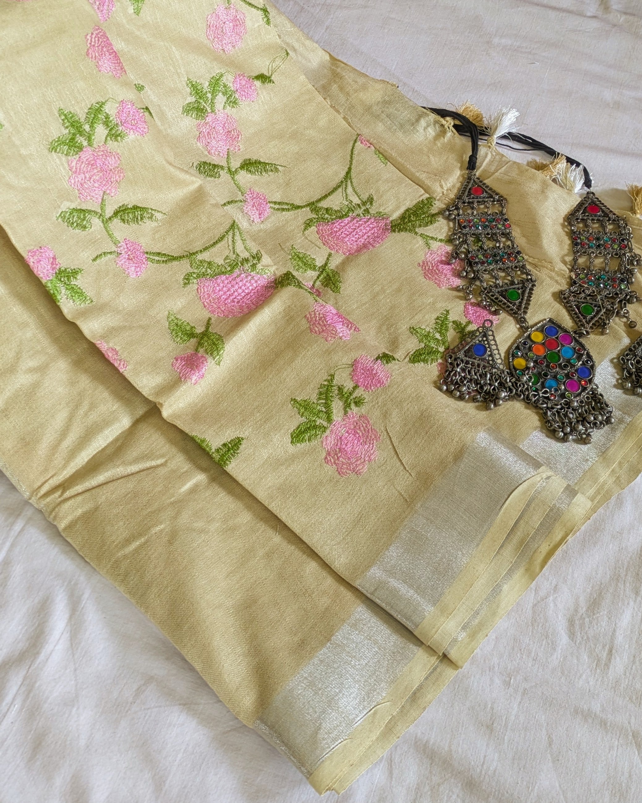 Linen Embroidered  Sari with Blouse Piece Khaki