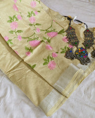 Linen Embroidered  Sari with Blouse Piece Khaki