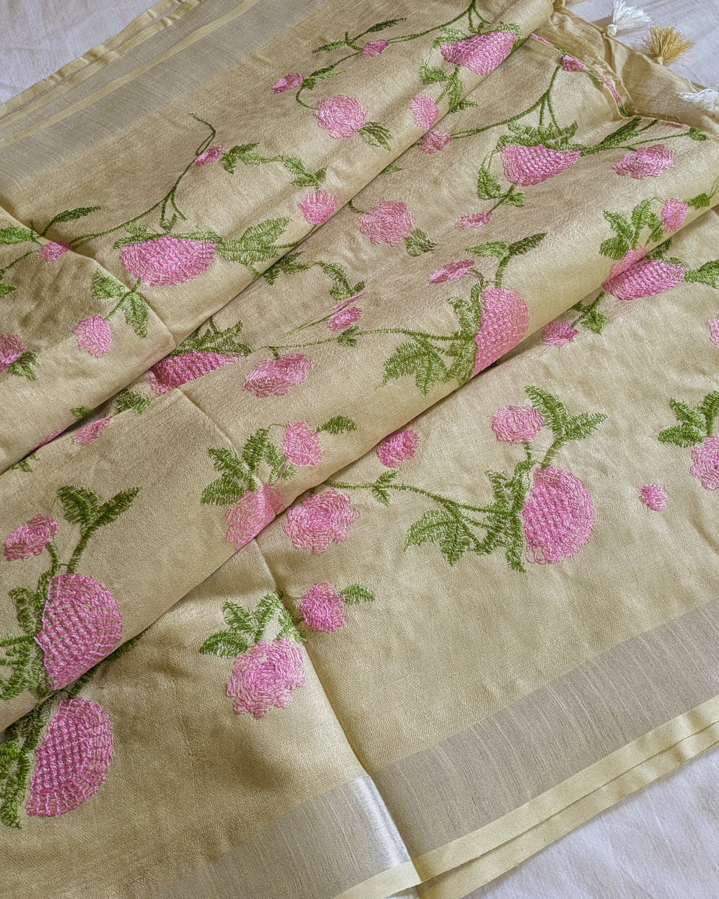 Linen Embroidered  Sari with Blouse Piece Khaki