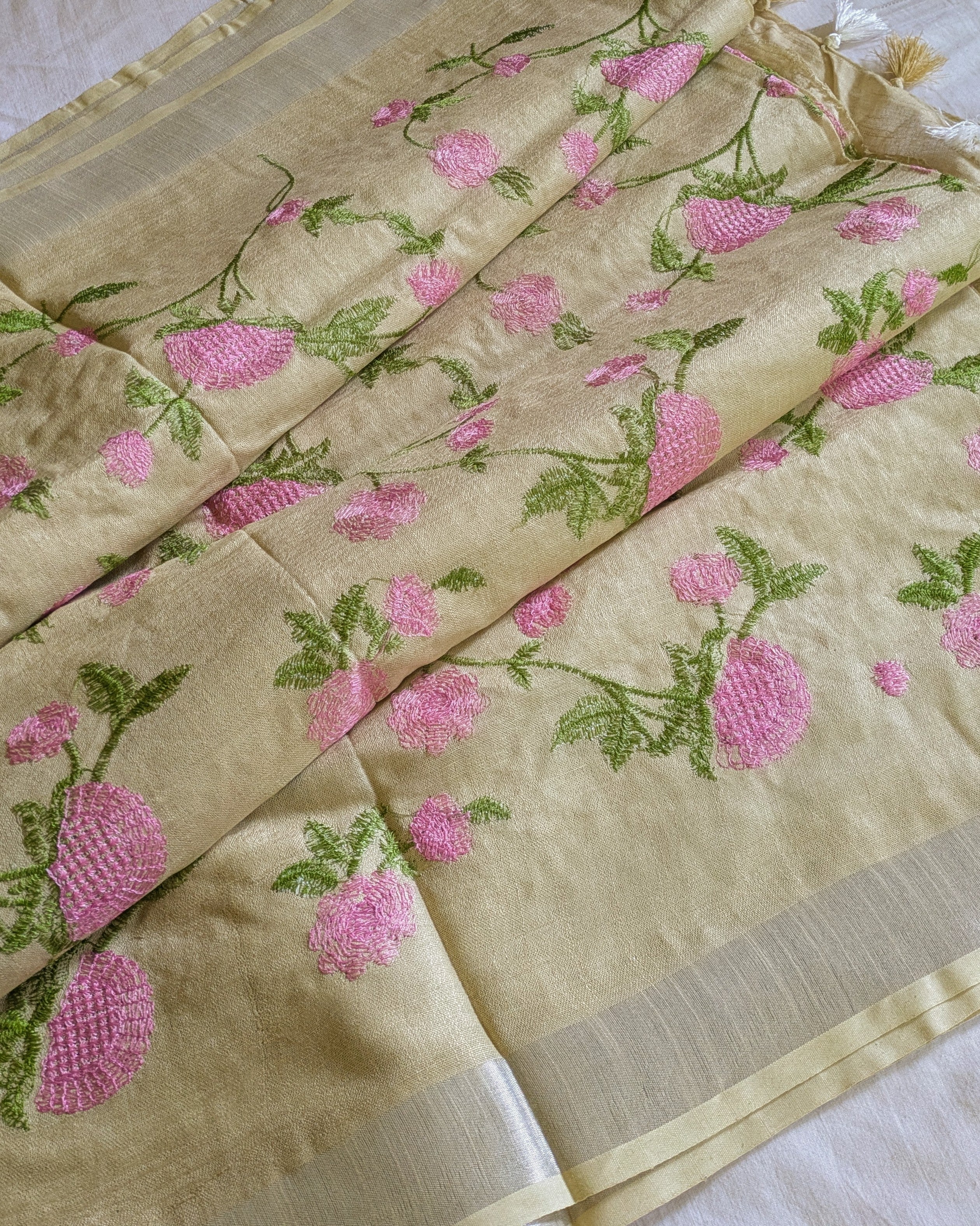 Linen Embroidered  Sari with Blouse Piece Khaki