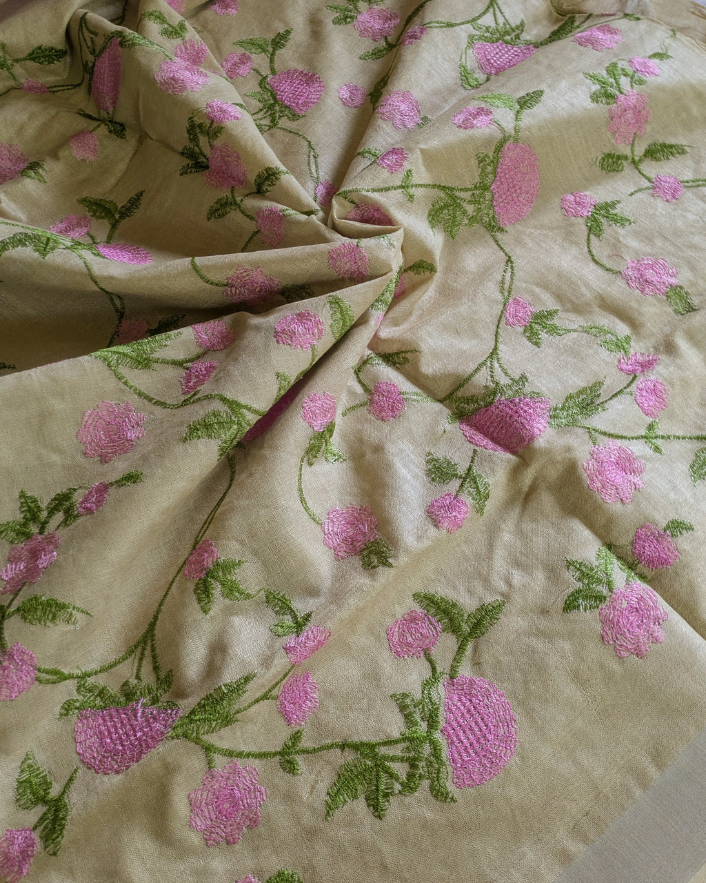 Linen Embroidered  Sari with Blouse Piece Khaki