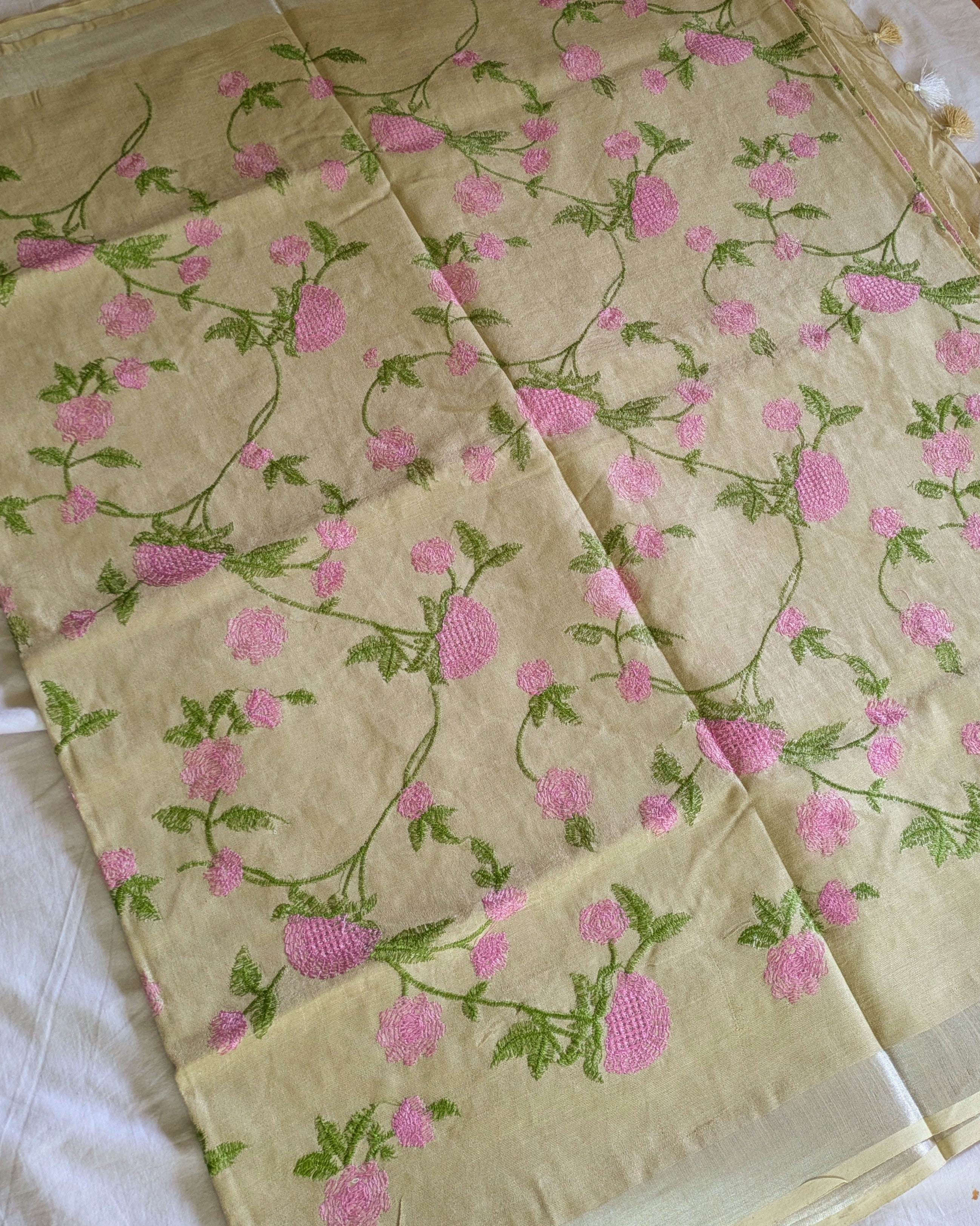 Linen Embroidered  Sari with Blouse Piece Khaki
