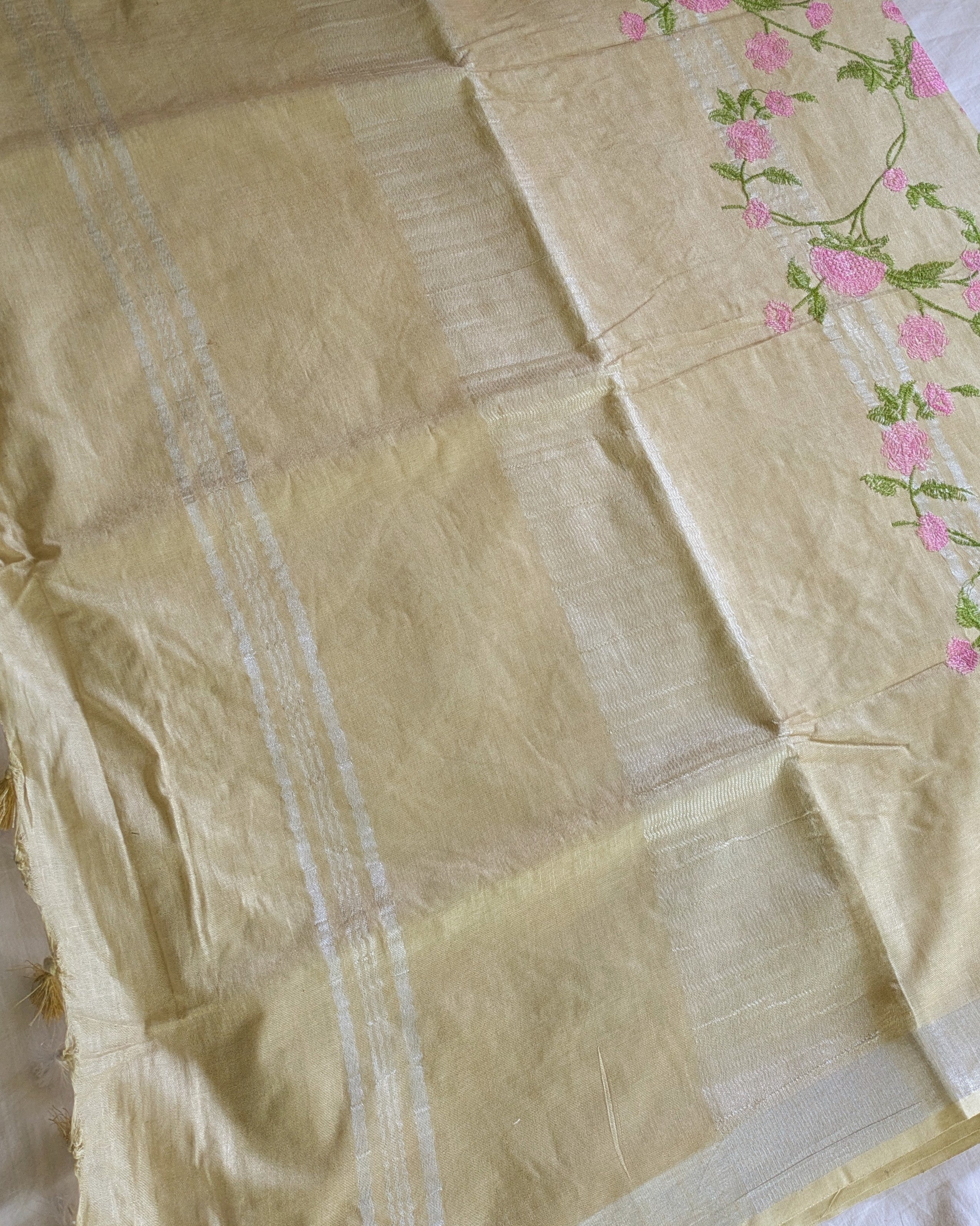 Linen Embroidered  Sari with Blouse Piece Khaki