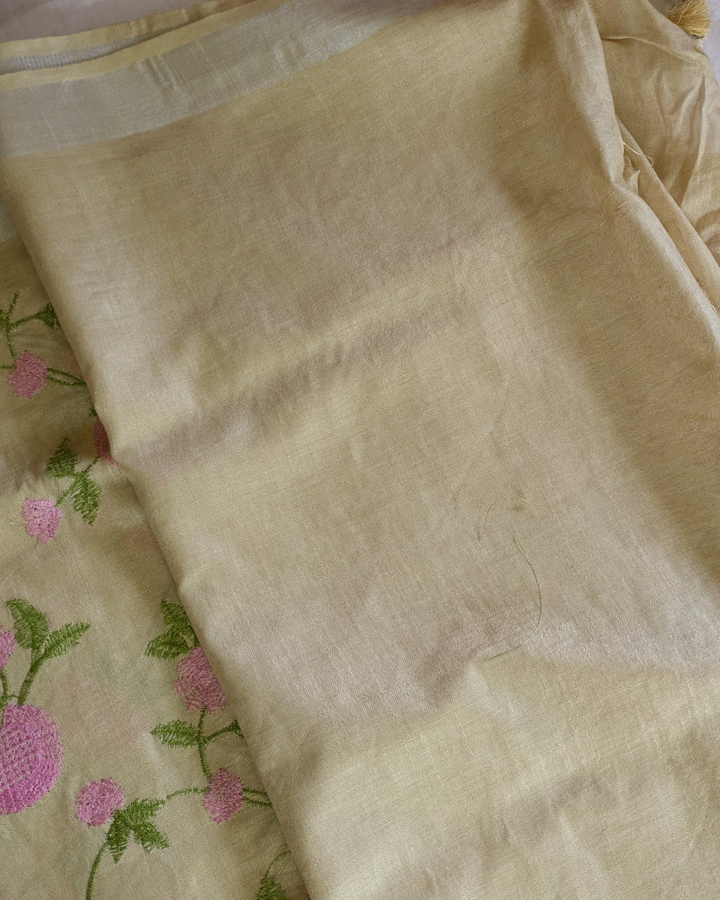 Linen Embroidered  Sari with Blouse Piece Khaki