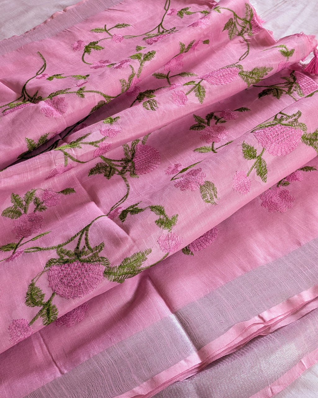 Linen Embroidered  Sari with Blouse Piece Pink