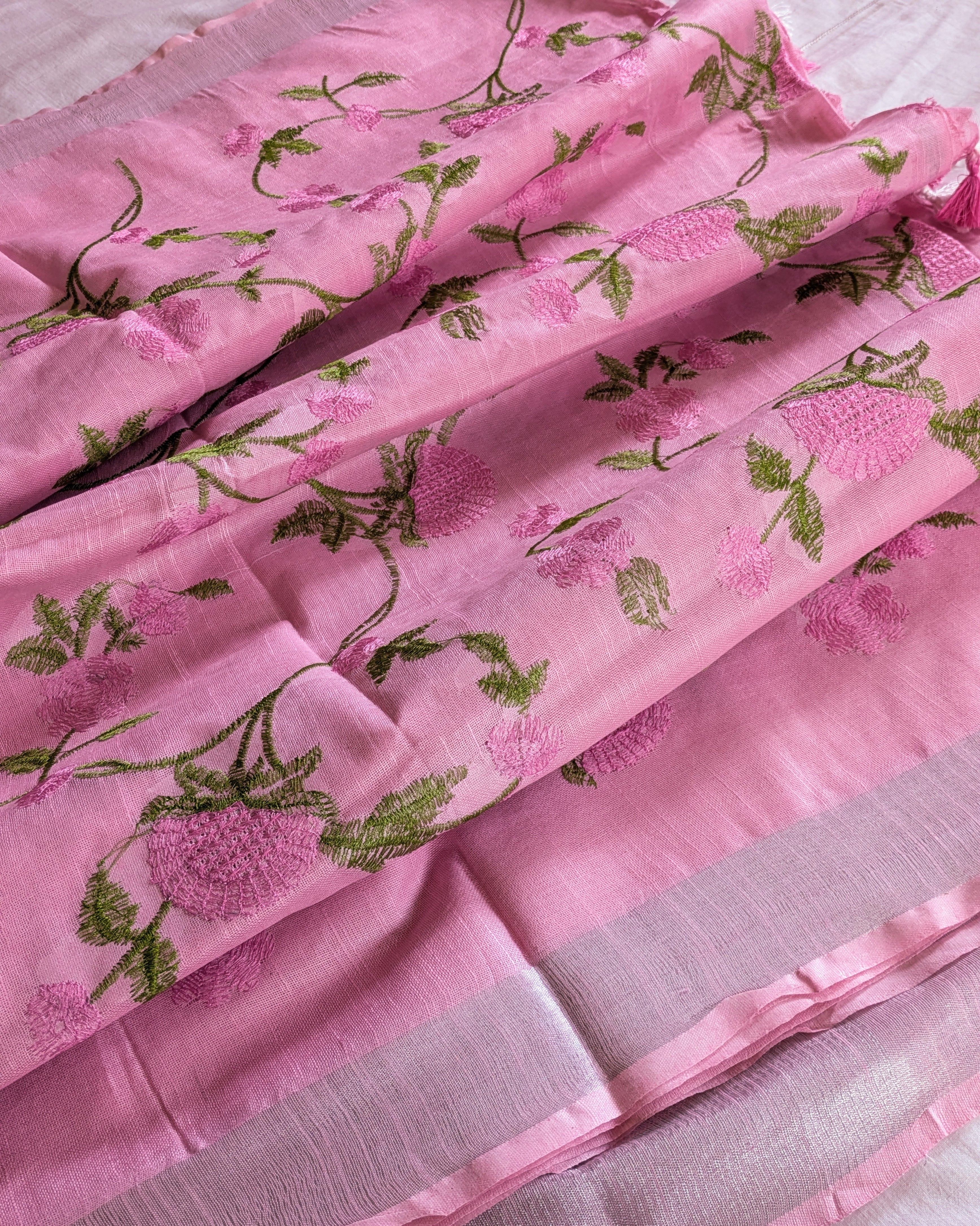 Linen Embroidered  Sari with Blouse Piece Pink