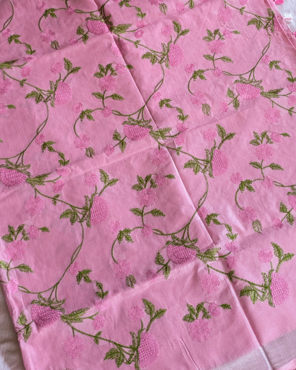 Linen Embroidered  Sari with Blouse Piece Pink