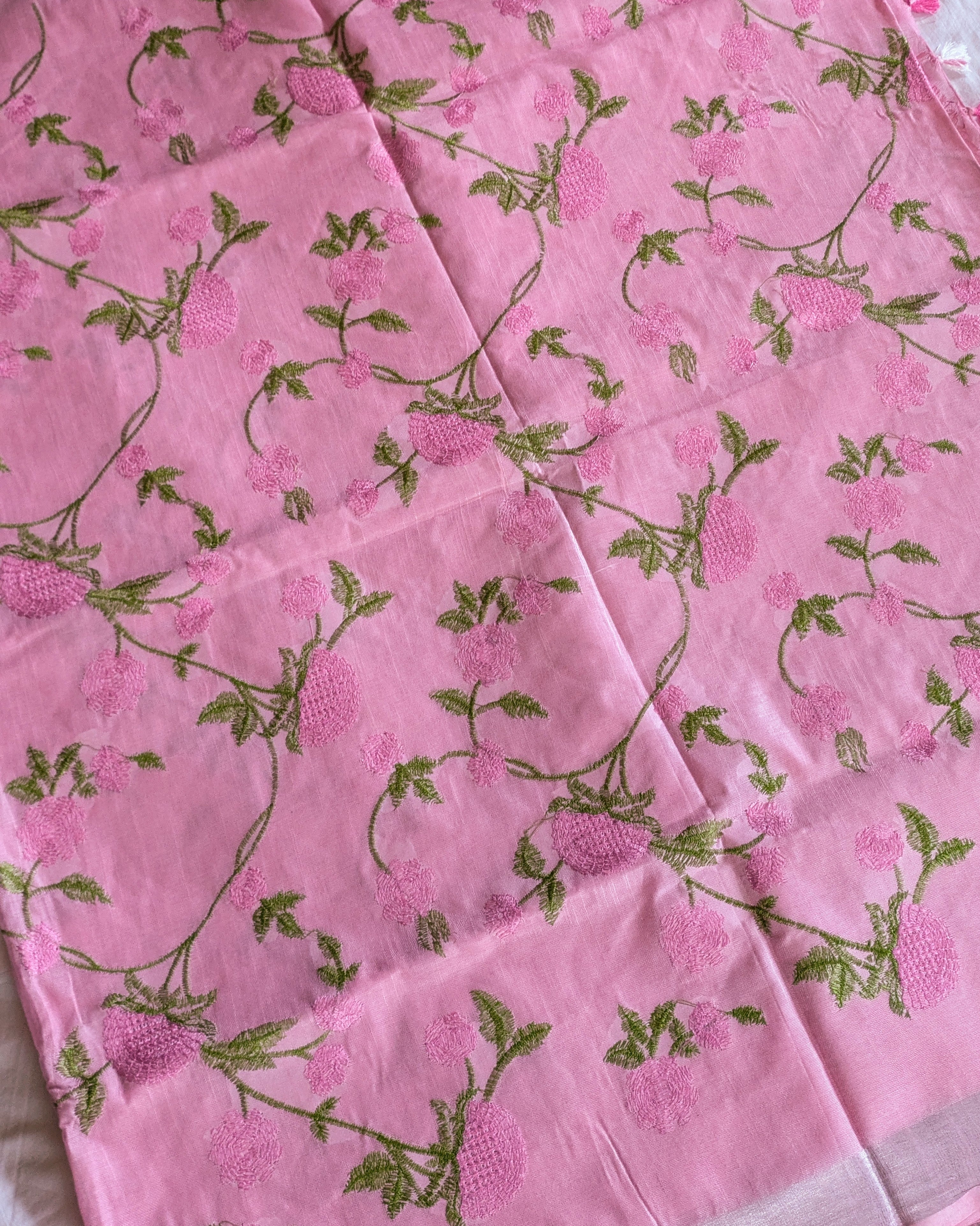 Linen Embroidered  Sari with Blouse Piece Pink