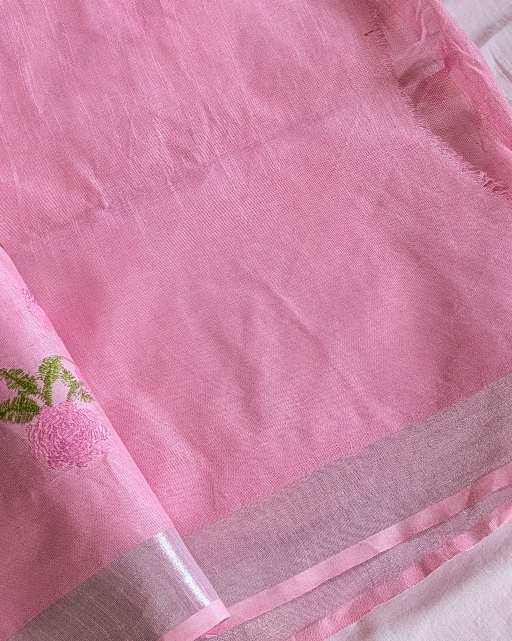 Linen Embroidered  Sari with Blouse Piece Pink