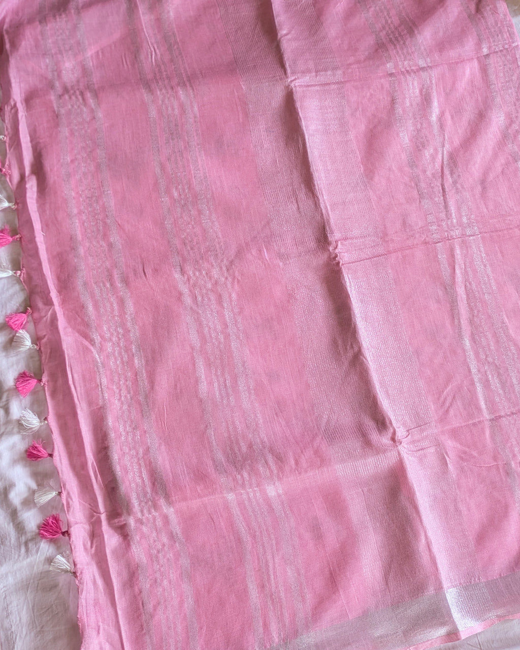 Linen Embroidered  Sari with Blouse Piece Pink