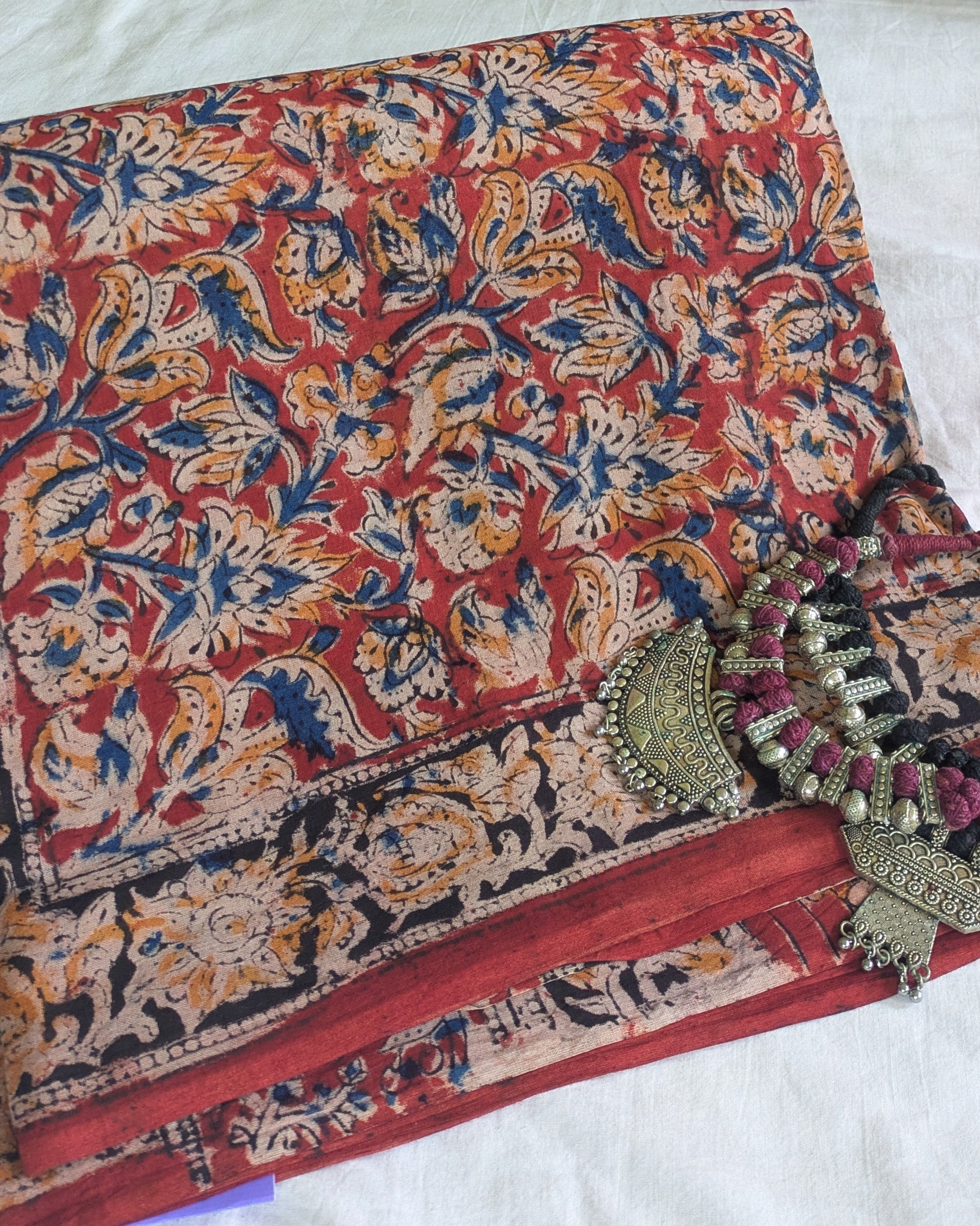 Kalamkari Cotton Sari with Blouse Piece Rust