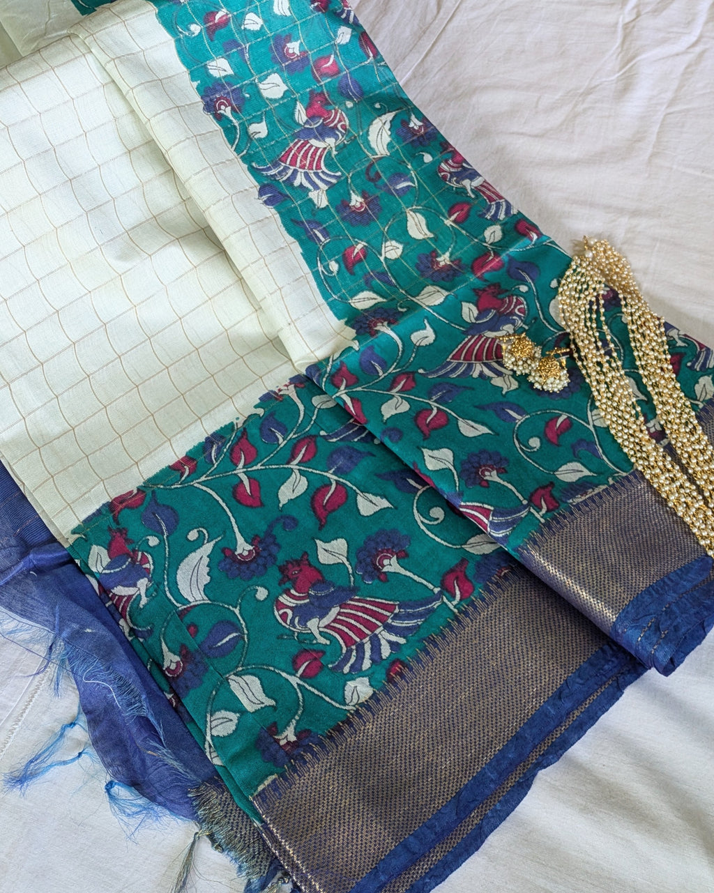 Bhagalpuri Sari with Kalamkari Border & Blouse Piece 1