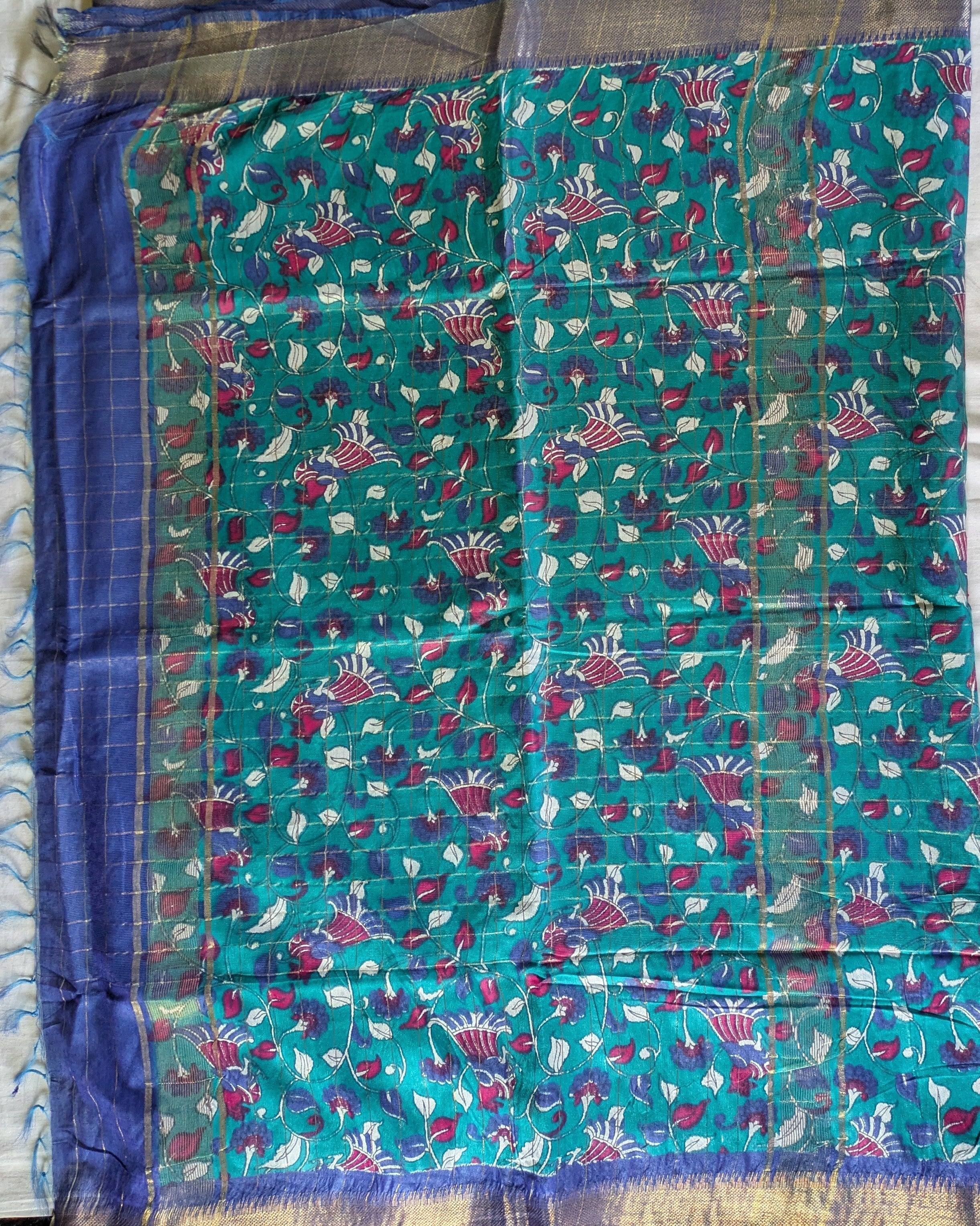 Bhagalpuri Sari with Kalamkari Border & Blouse Piece 1