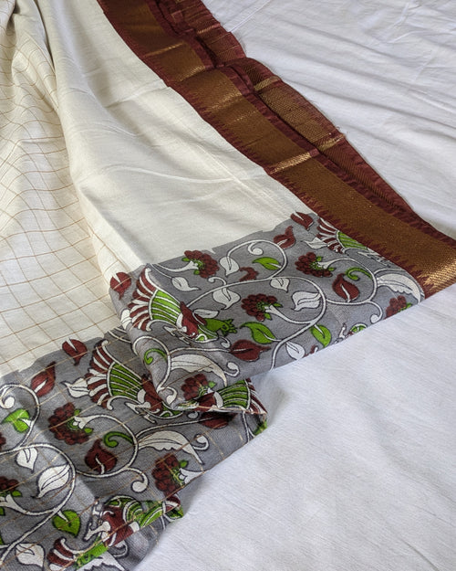 Bhagalpuri Sari with Kalamkari Border & Blouse Piece 3