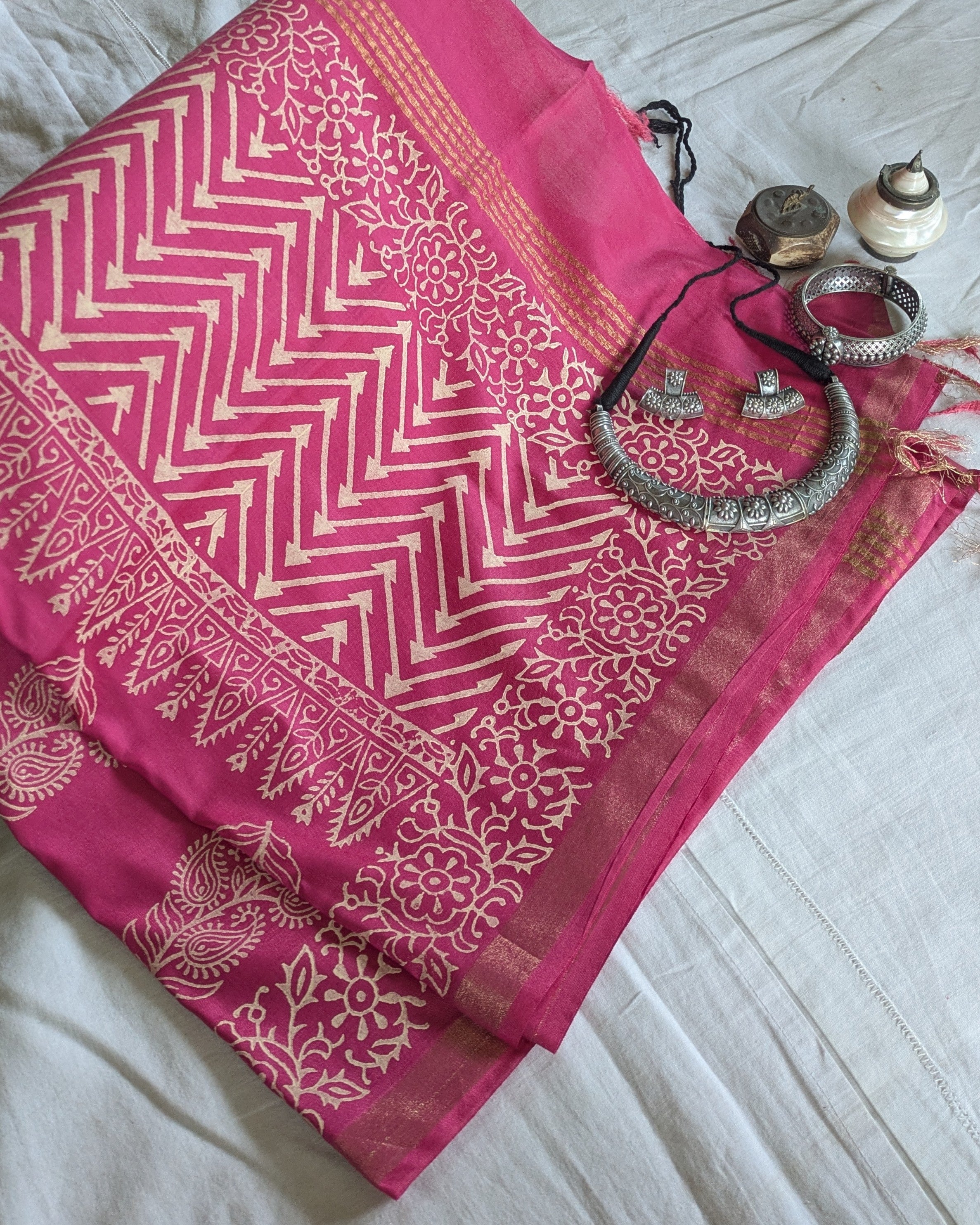 Bhagalpuri Chanderi Silk Sari Pink