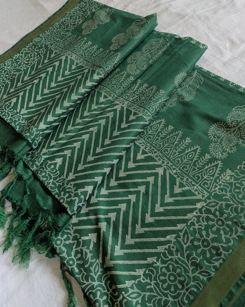Bhagalpuri Chanderi Silk Sari Blusih Green