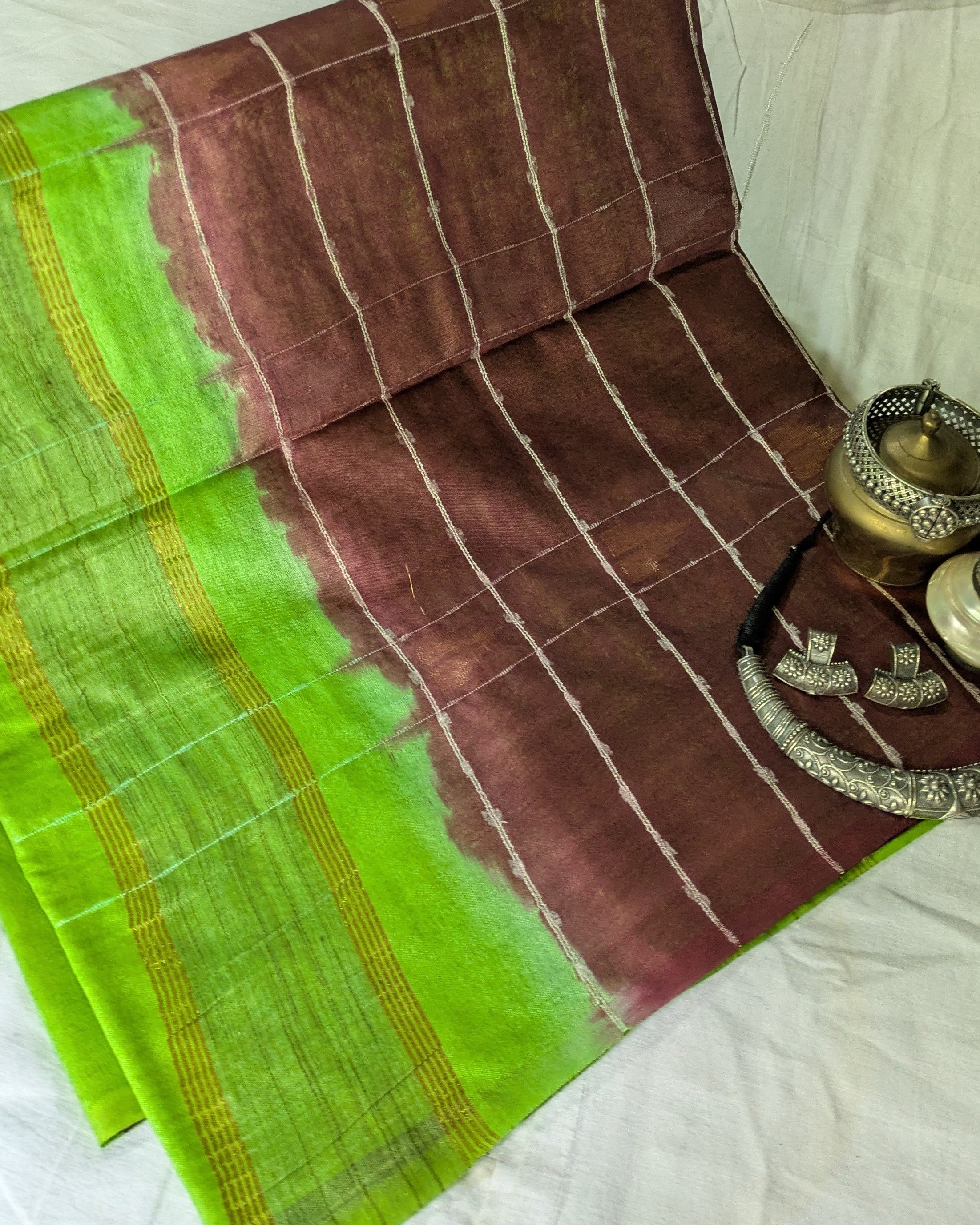 Bhagalpuri Katan Sari Brown & Green