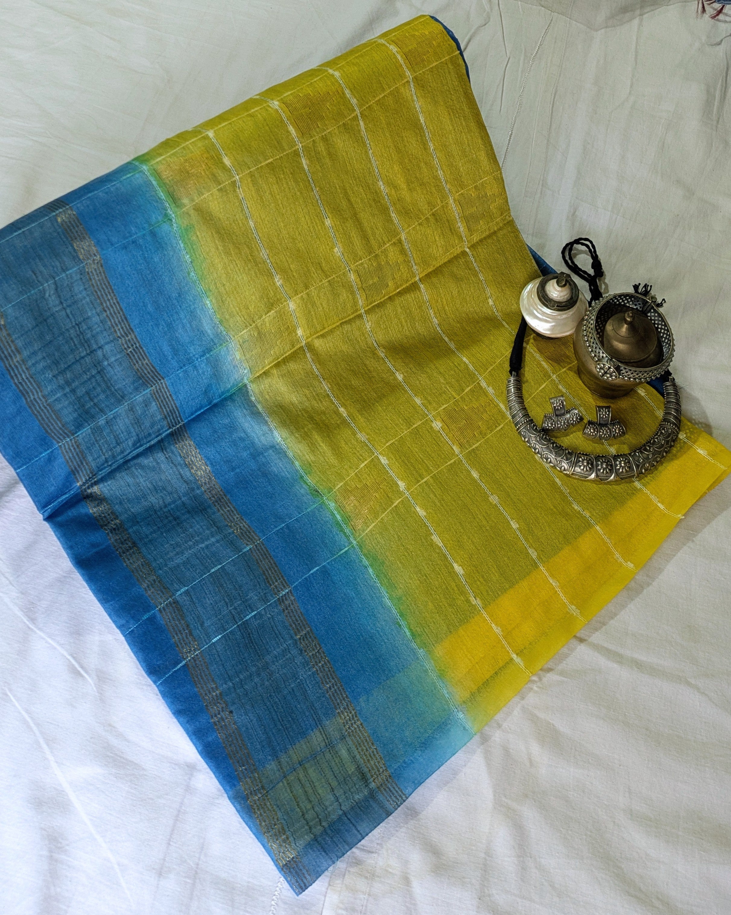 Bhagalpuri Katan Sari Yellow & Blue