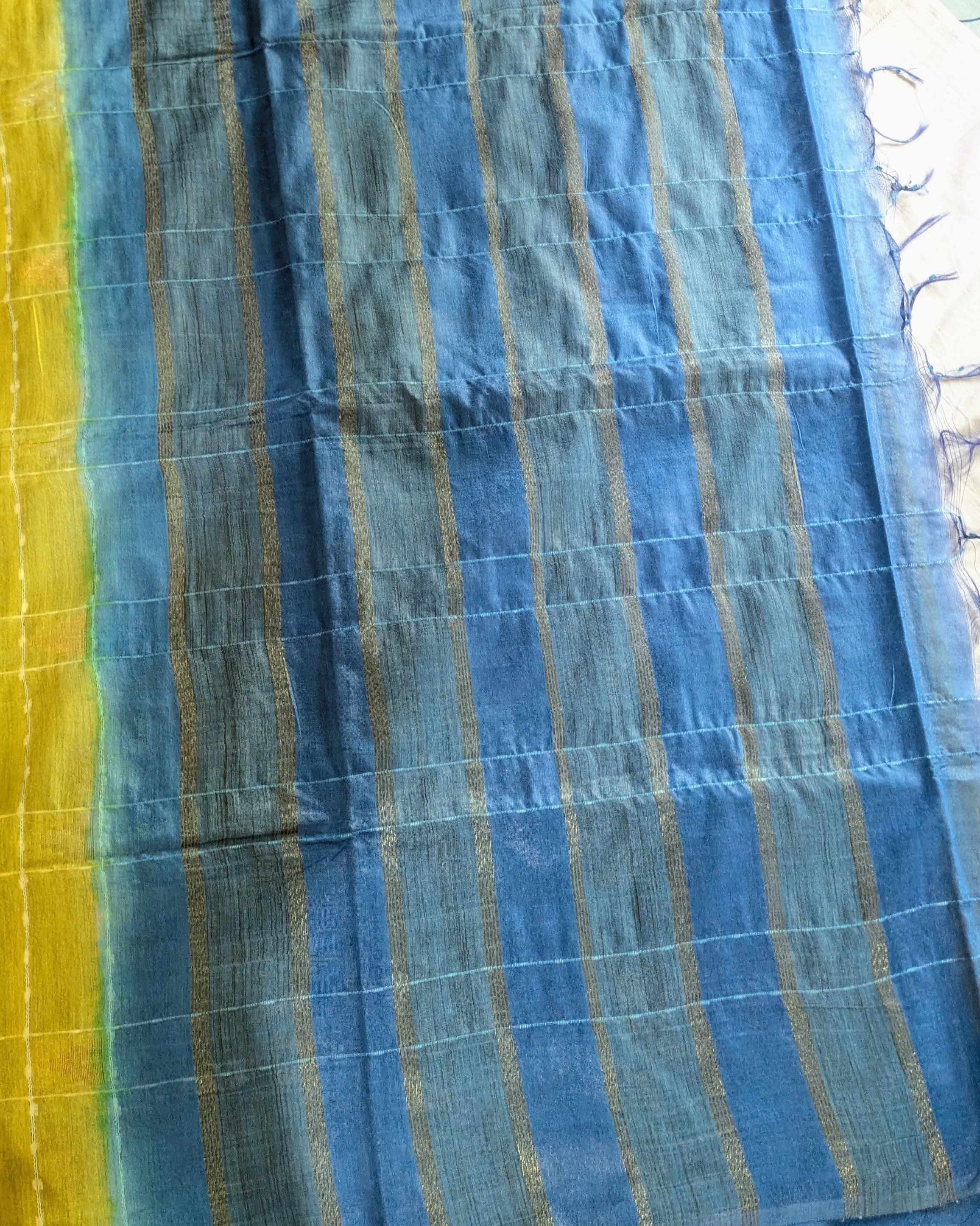 Bhagalpuri Katan Sari Yellow & Blue