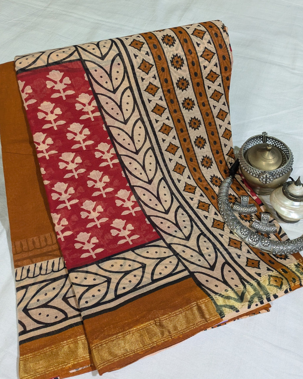 Jaypuri Cotton Sari Rust