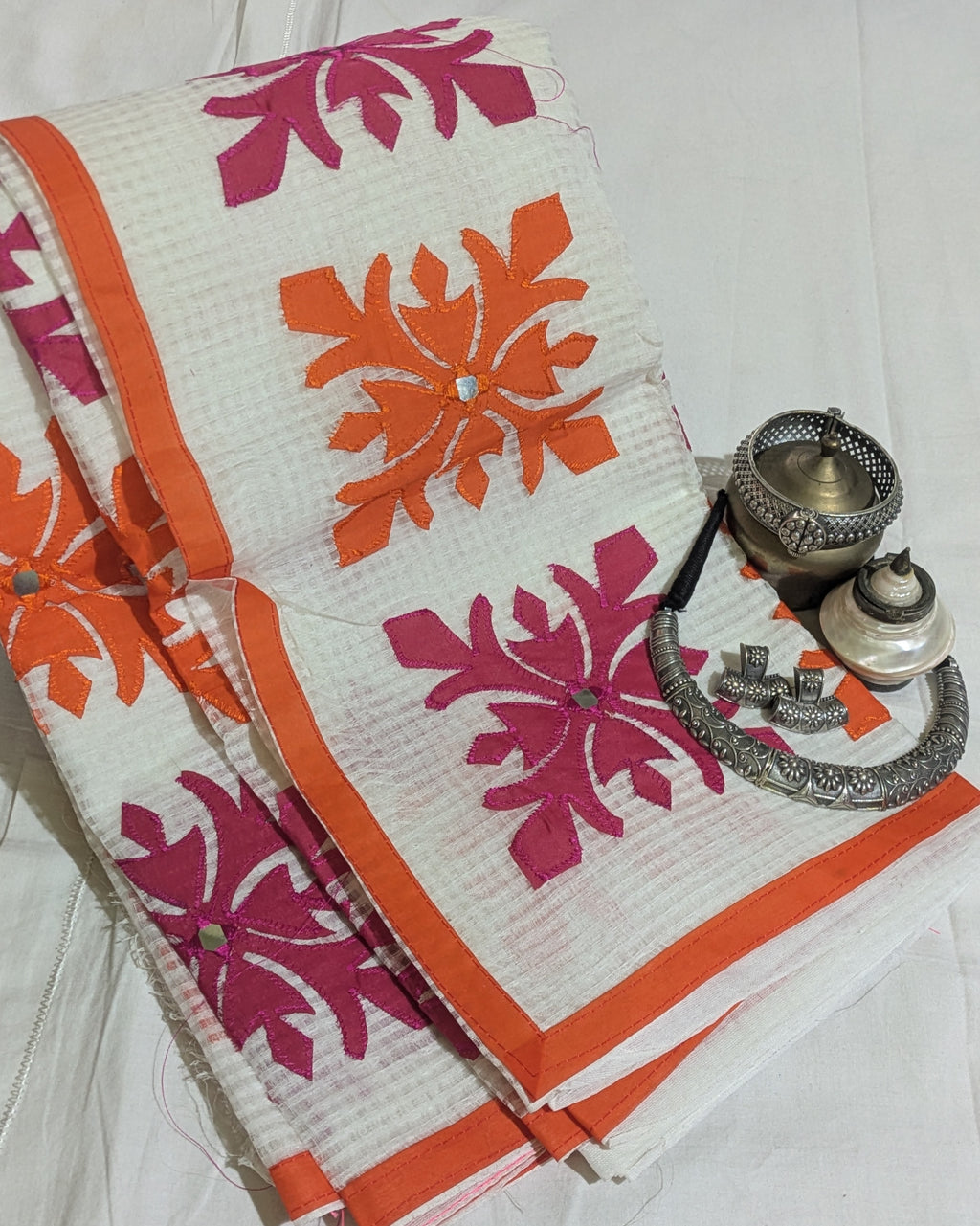 Cotton Kota Applique Sari White 1