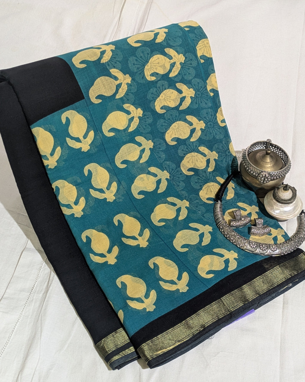 Jaypuri Cotton Chanderi Sari (Black & Firoza)