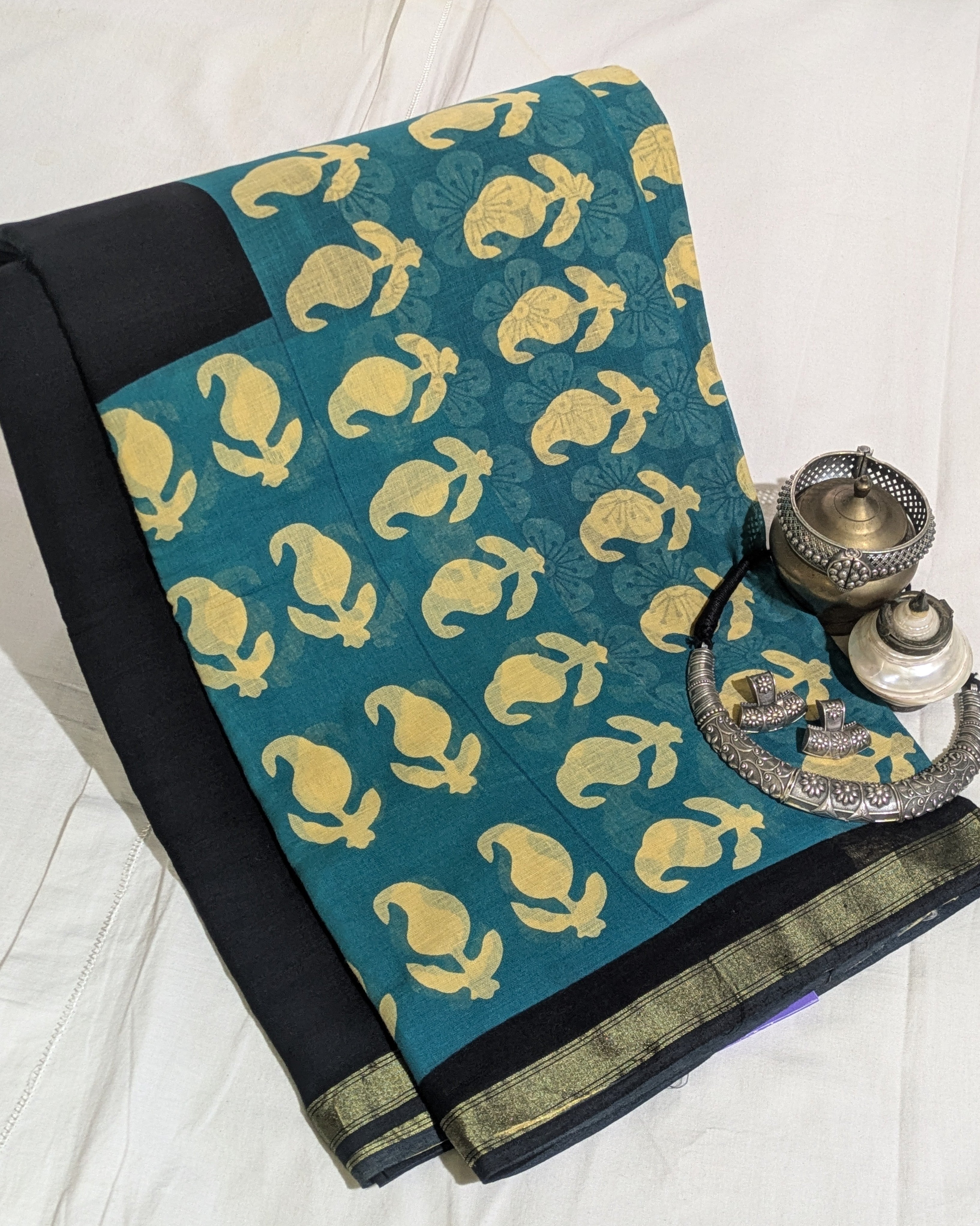 Jaypuri Cotton Chanderi Sari (Black & Firoza)