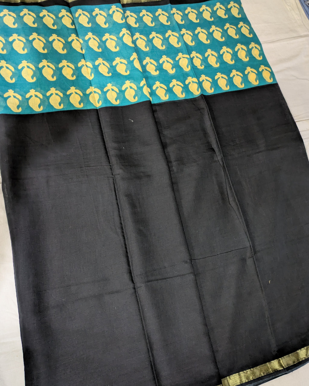 Jaypuri Cotton Chanderi Sari (Black & Firoza)