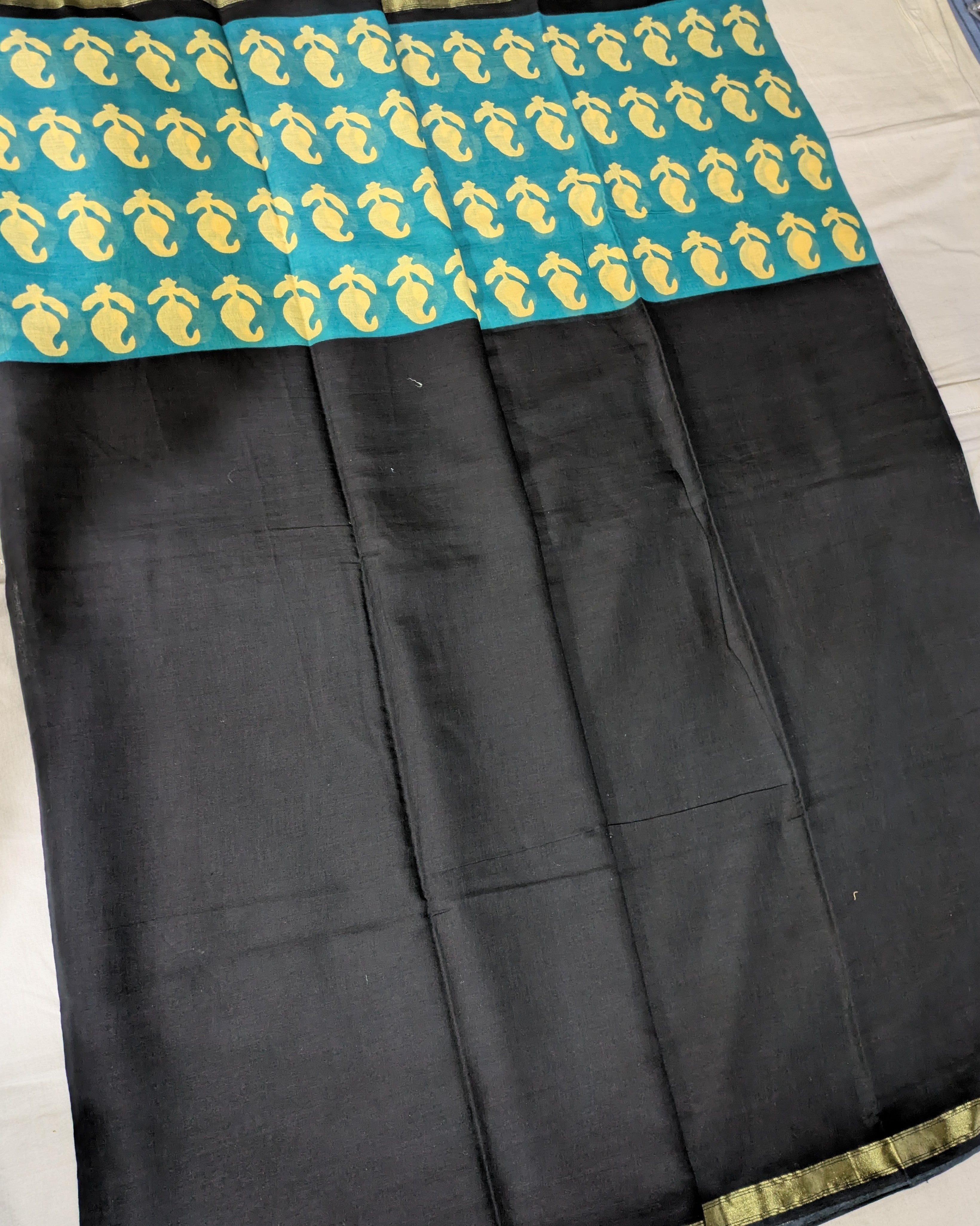 Jaypuri Cotton Chanderi Sari (Black & Firoza)