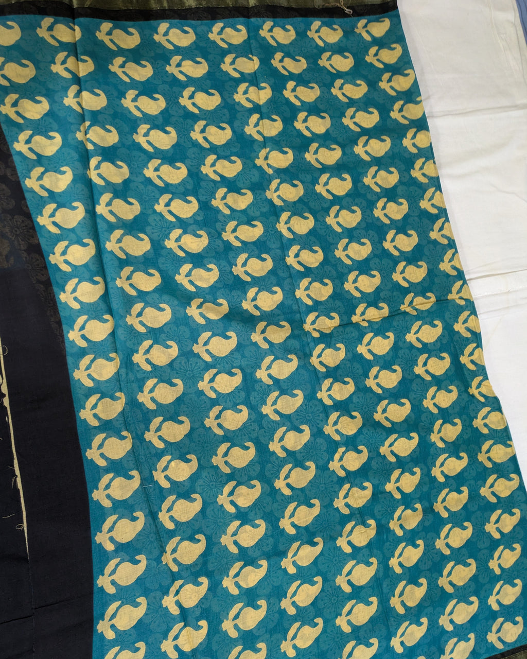 Jaypuri Cotton Chanderi Sari (Black & Firoza)
