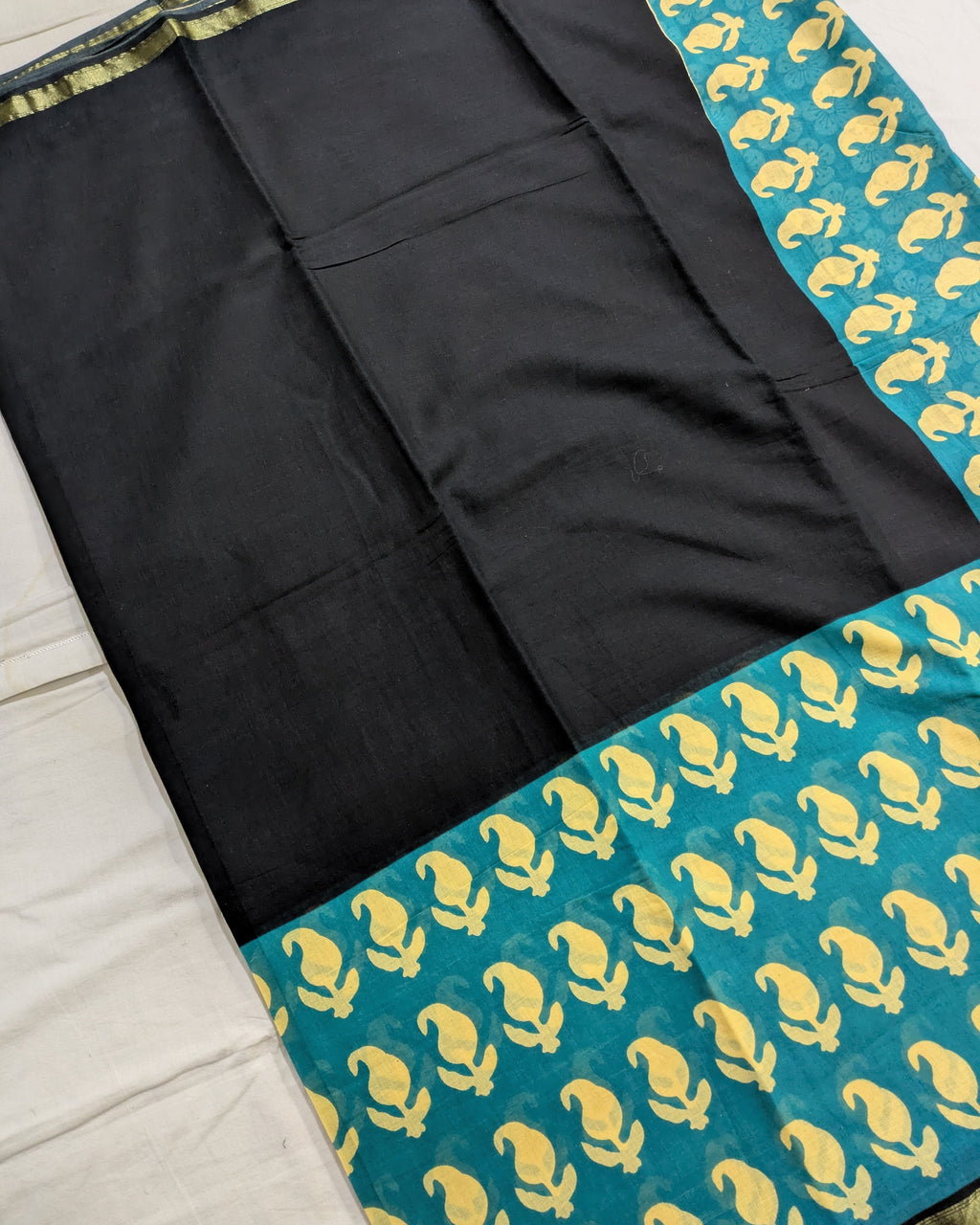 Jaypuri Cotton Chanderi Sari (Black & Firoza)