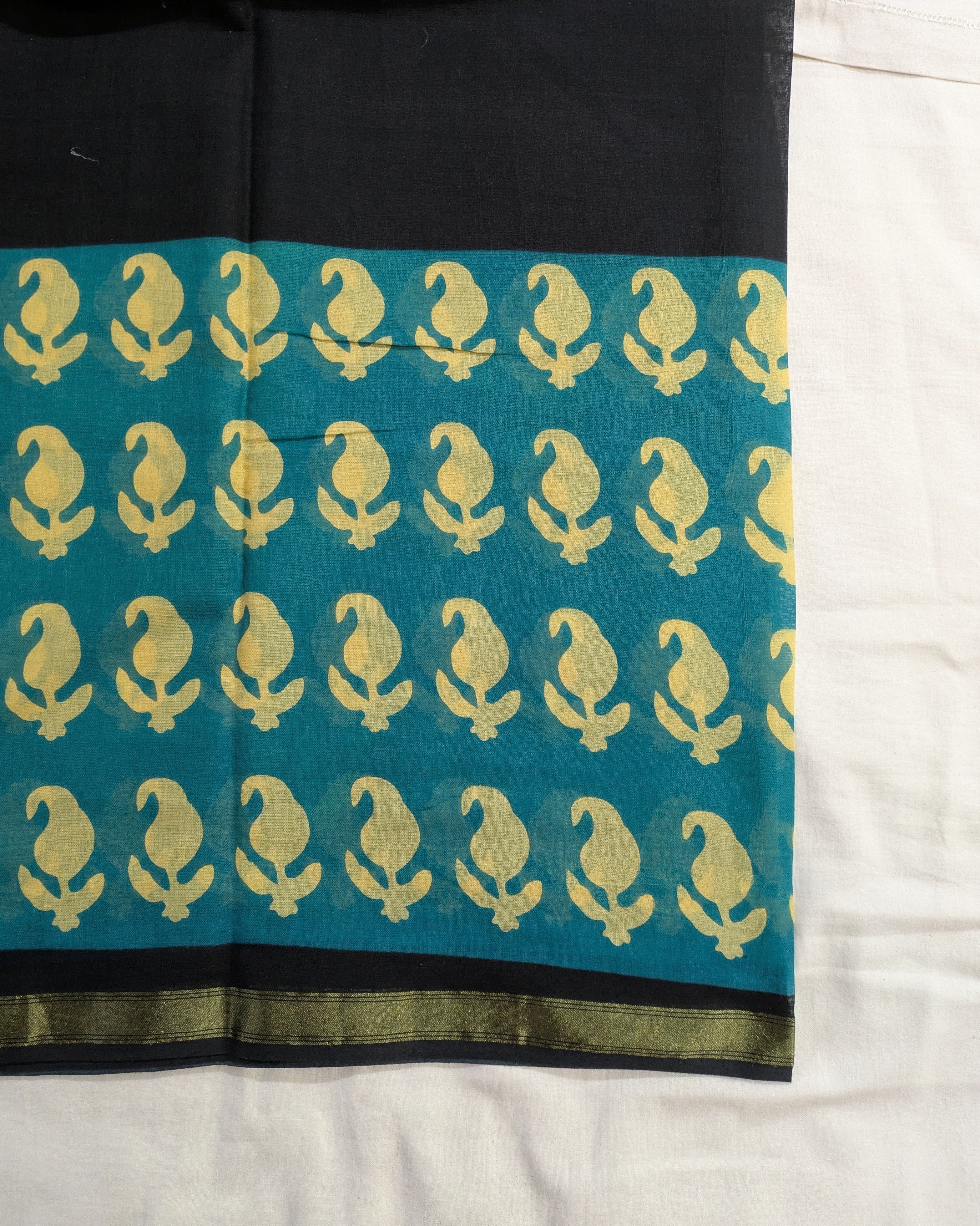 Jaypuri Cotton Chanderi Sari (Black & Firoza)