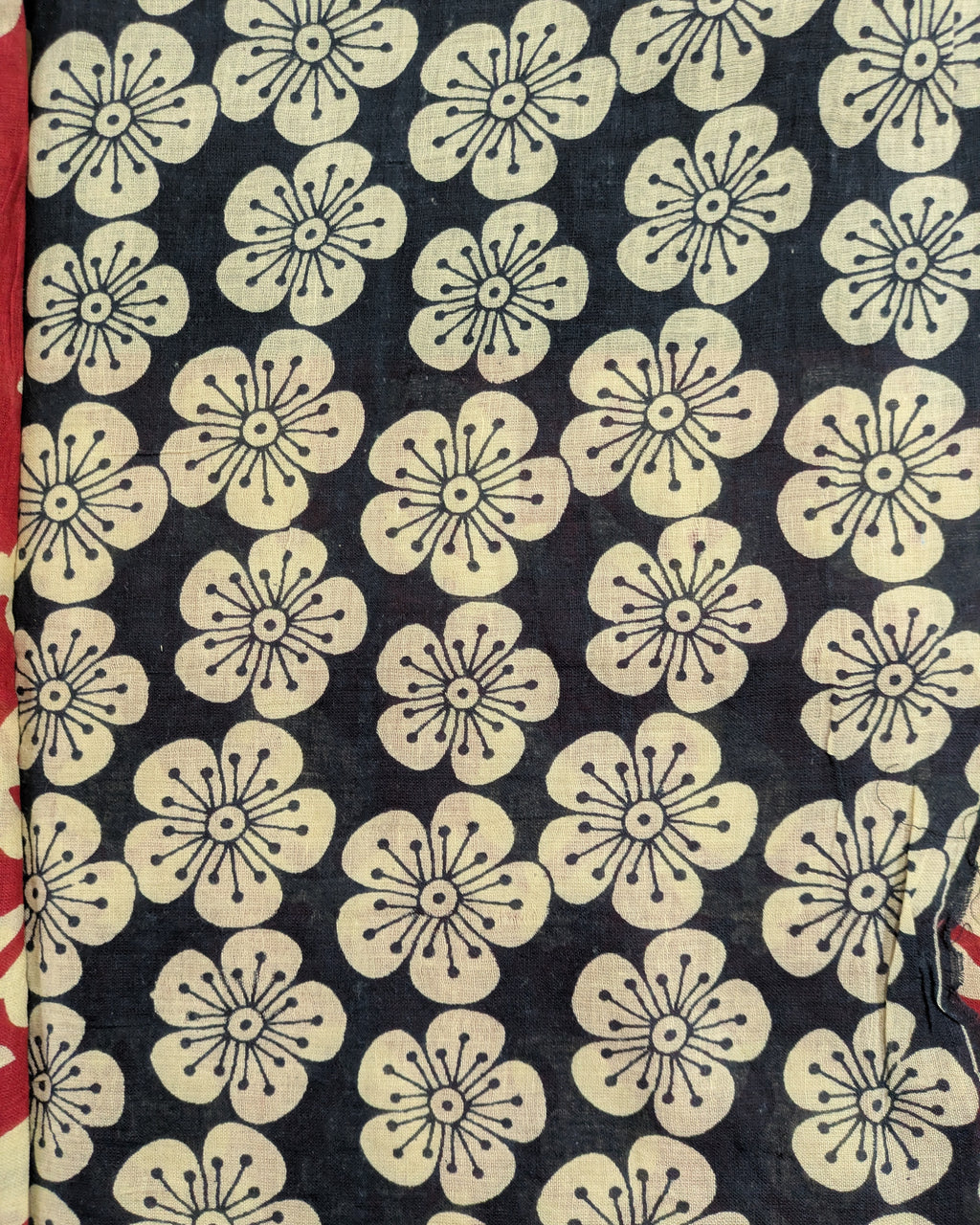 A close-up of a fabric or wallpaper pattern featuring cream-colored five-petal flowers with black centers and stems on a dark navy blue background.